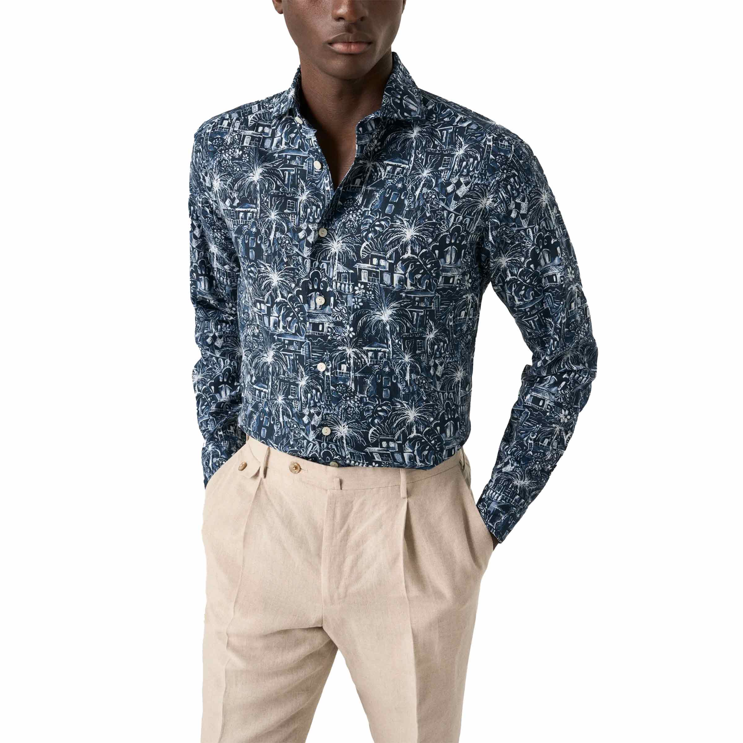 Eton - Dark Blue Palm Print Slim Fit Linen Shirt L/S SHIRTS Eton