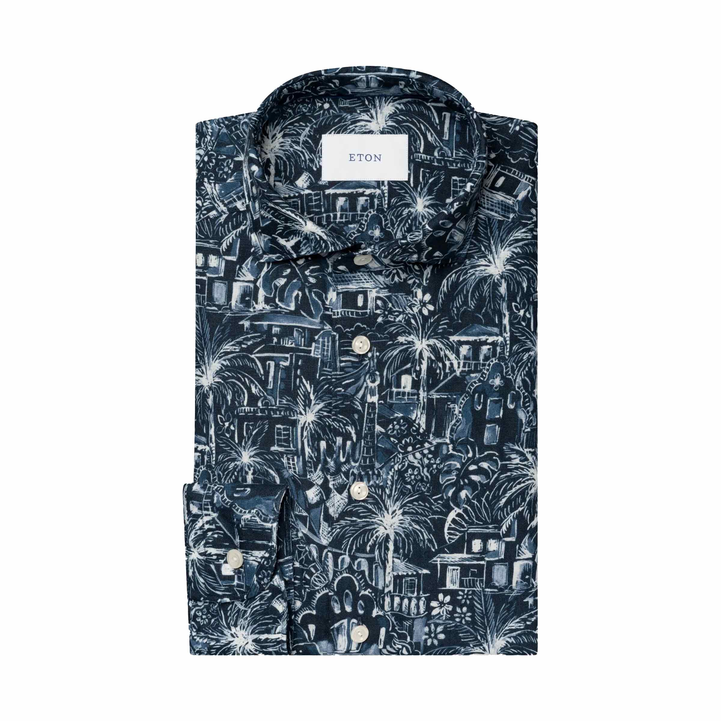 Eton - Dark Blue Palm Print Slim Fit Linen Shirt L/S SHIRTS Eton