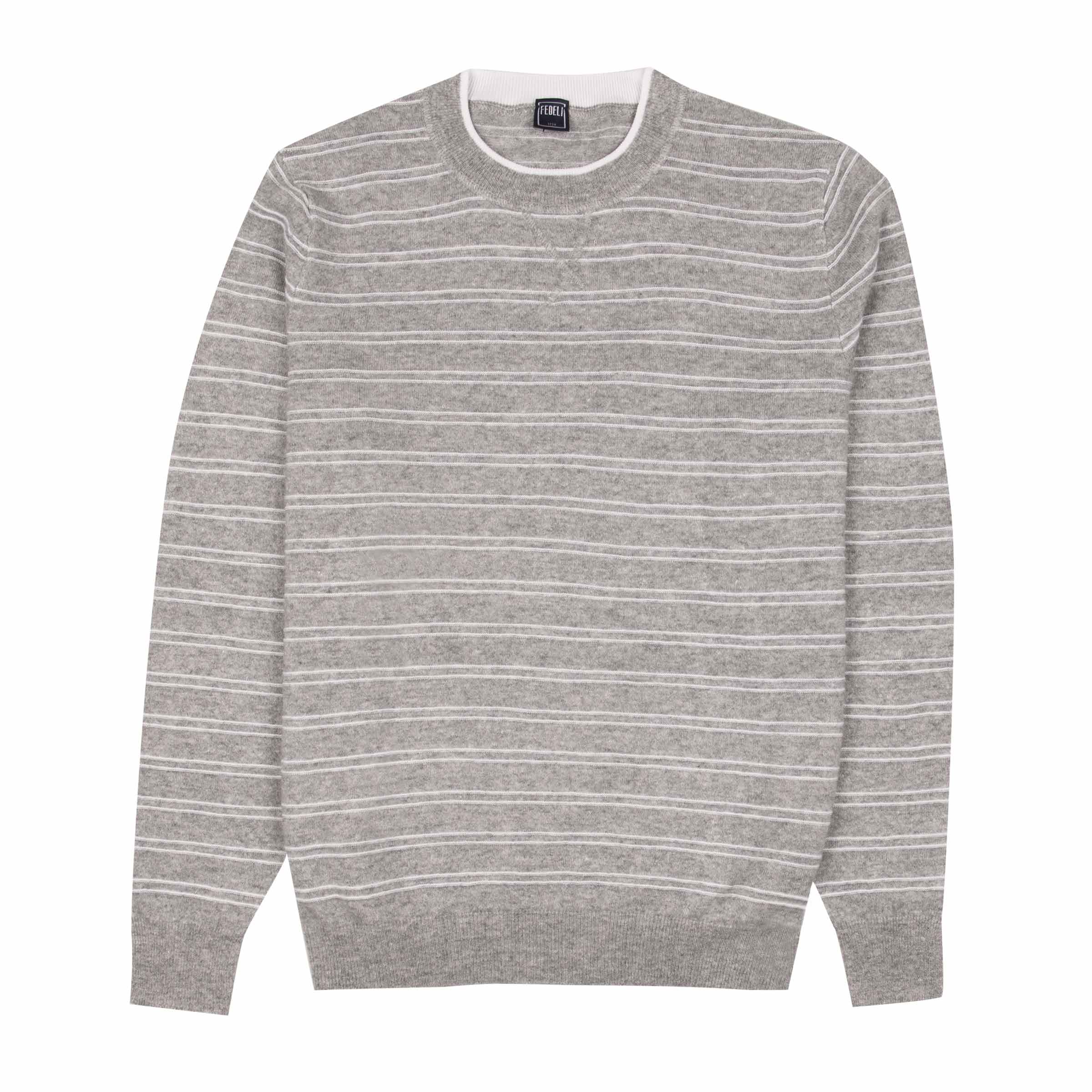 Fedeli Grey White Striped Cashmere Linen Crew Neck Sweater