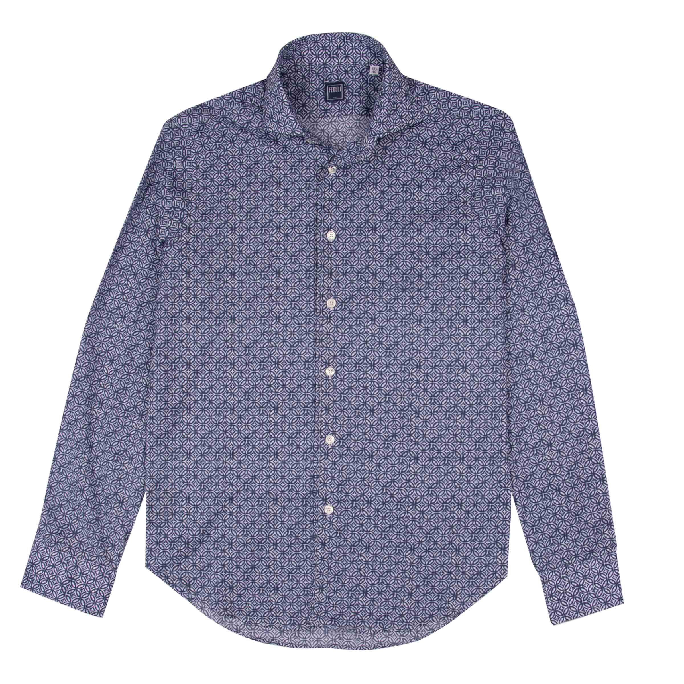 Fedeli - Navy Geometric 'Sean' Lightweight Cotton Long Sleeve Shirt L/S SHIRTS FEDELI