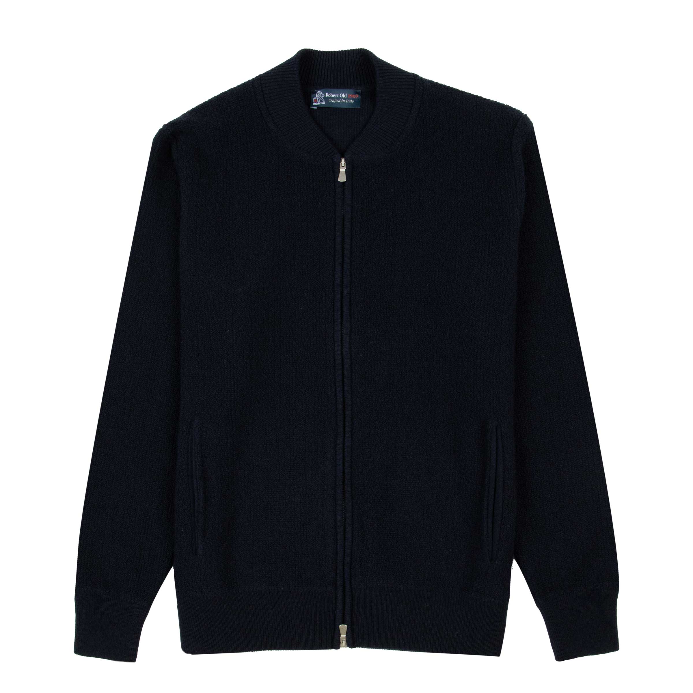 Robert Old - Navy Wool & Cashmere Bouclé Zip Bomber Cardigan