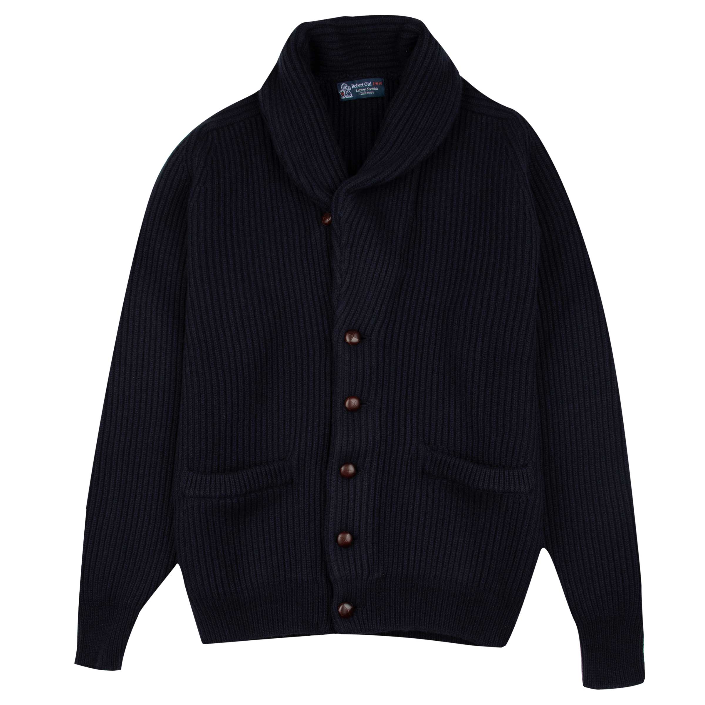 Robert Old - Dark Navy Colonial 8ply Cashmere Shawl Cardigan CASHMERE Robert Old