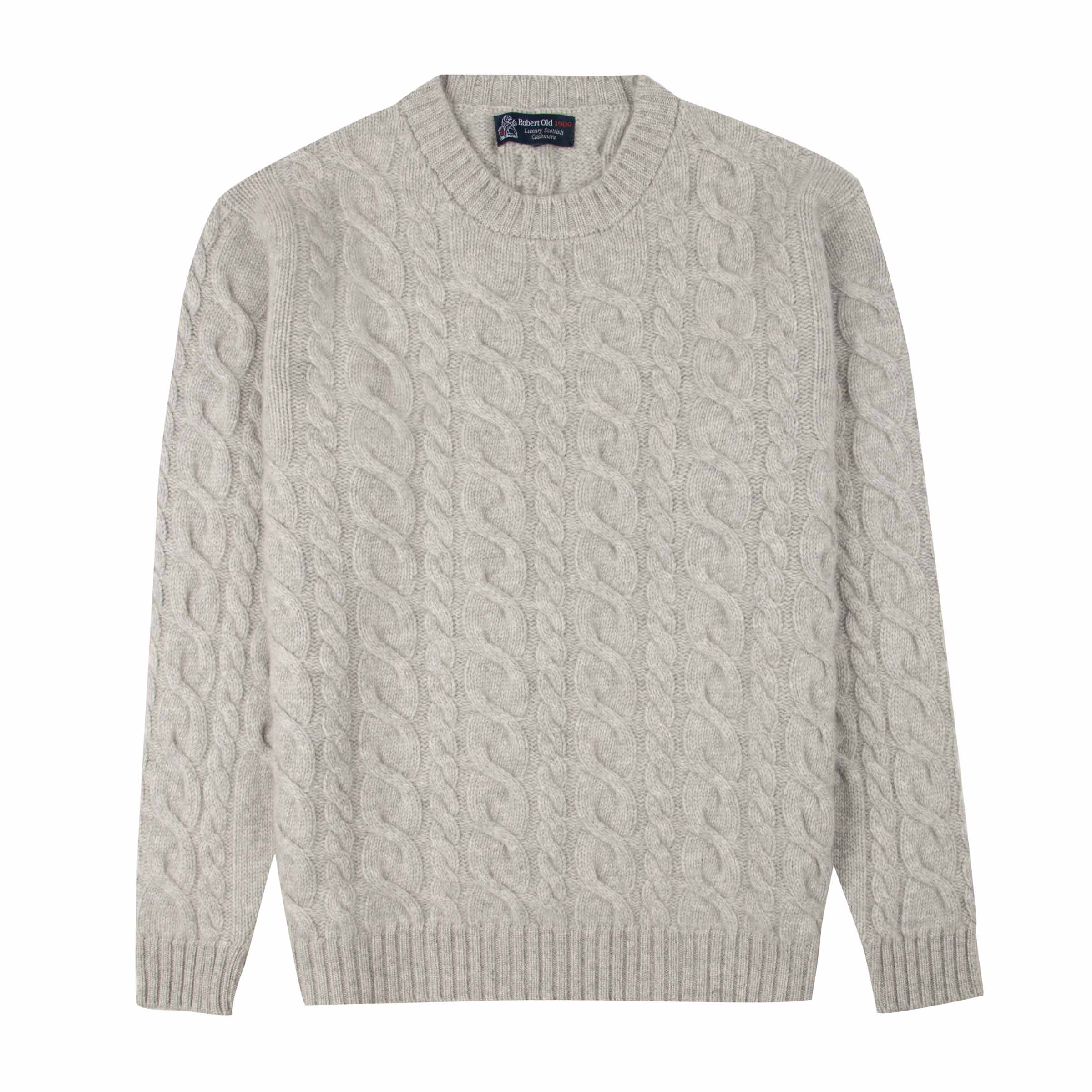 Robert Old Brume Grey Dalmore 8ply Cashmere Cable Crew Neck