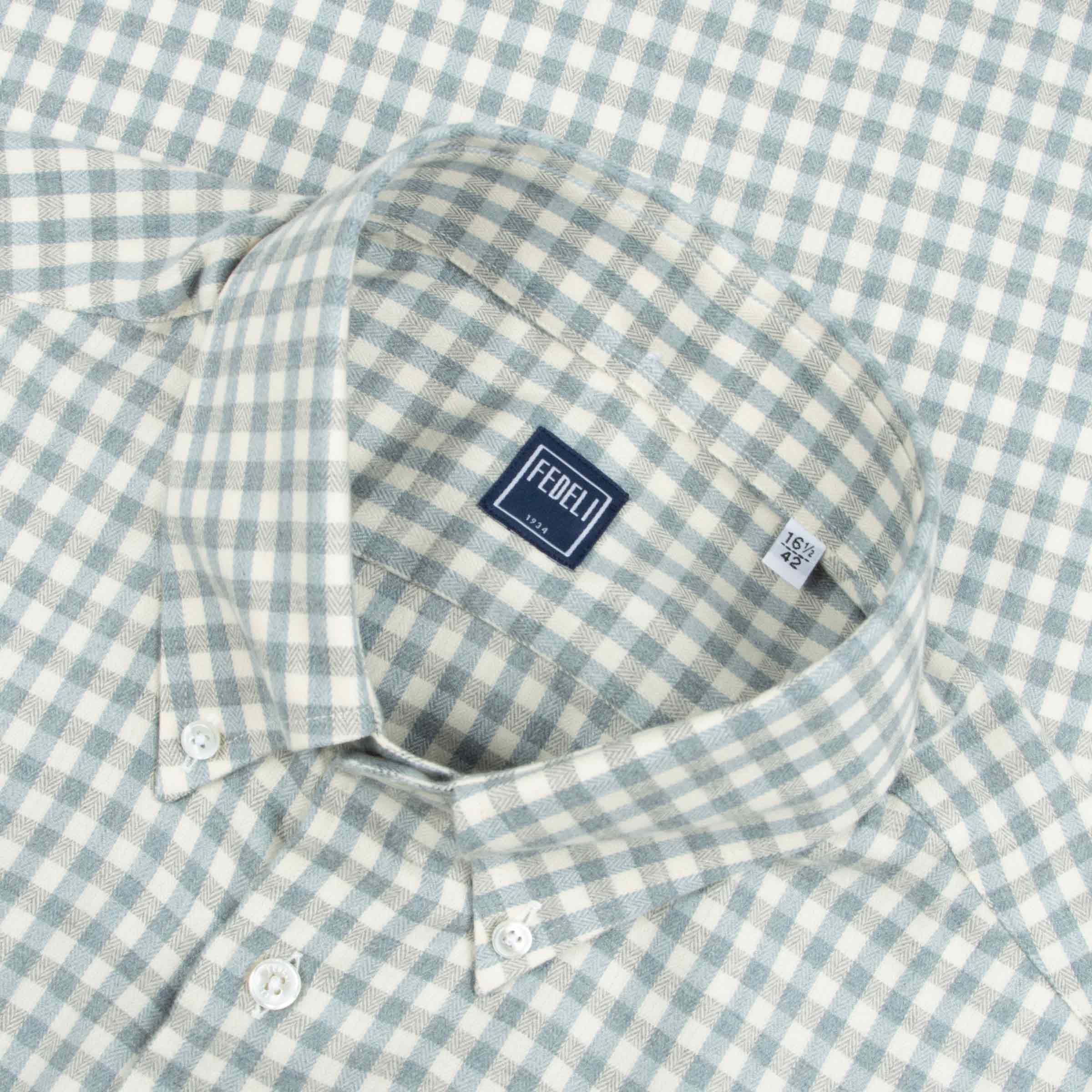 Fedeli - Light Blue & Grey Check 'Alberto' Slim Fit Brushed Cotton Long Sleeve Shirt L/S SHIRTS FEDELI