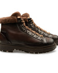 Santoni - Dark Brown Tumbled Leather Fur Lined Hiking Boot SHOES Santoni