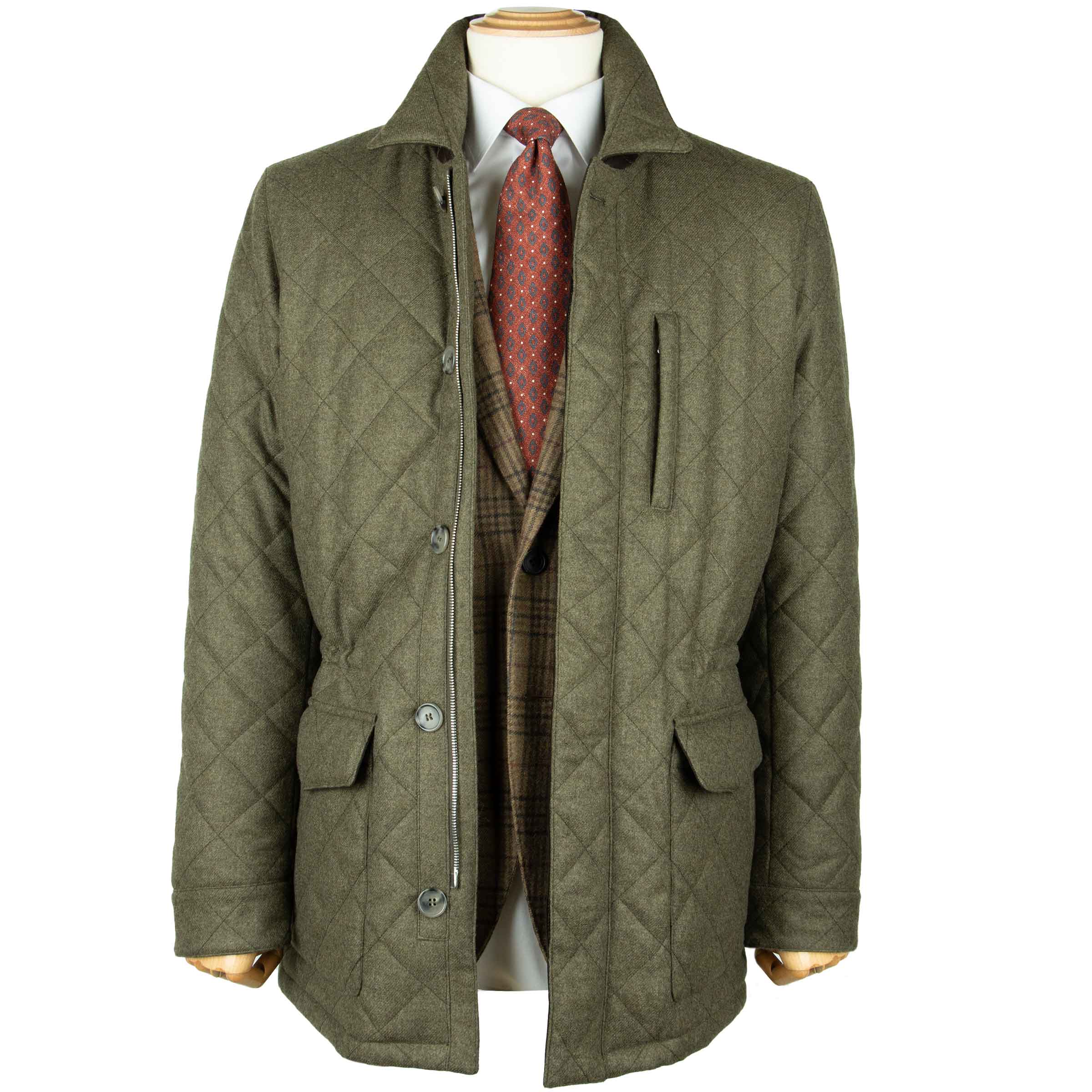 Robert Old - Dorset Green Diamond Quilt Overcoat Crafted with a Loro Piana Rain System Wool & Cashmere Fabric