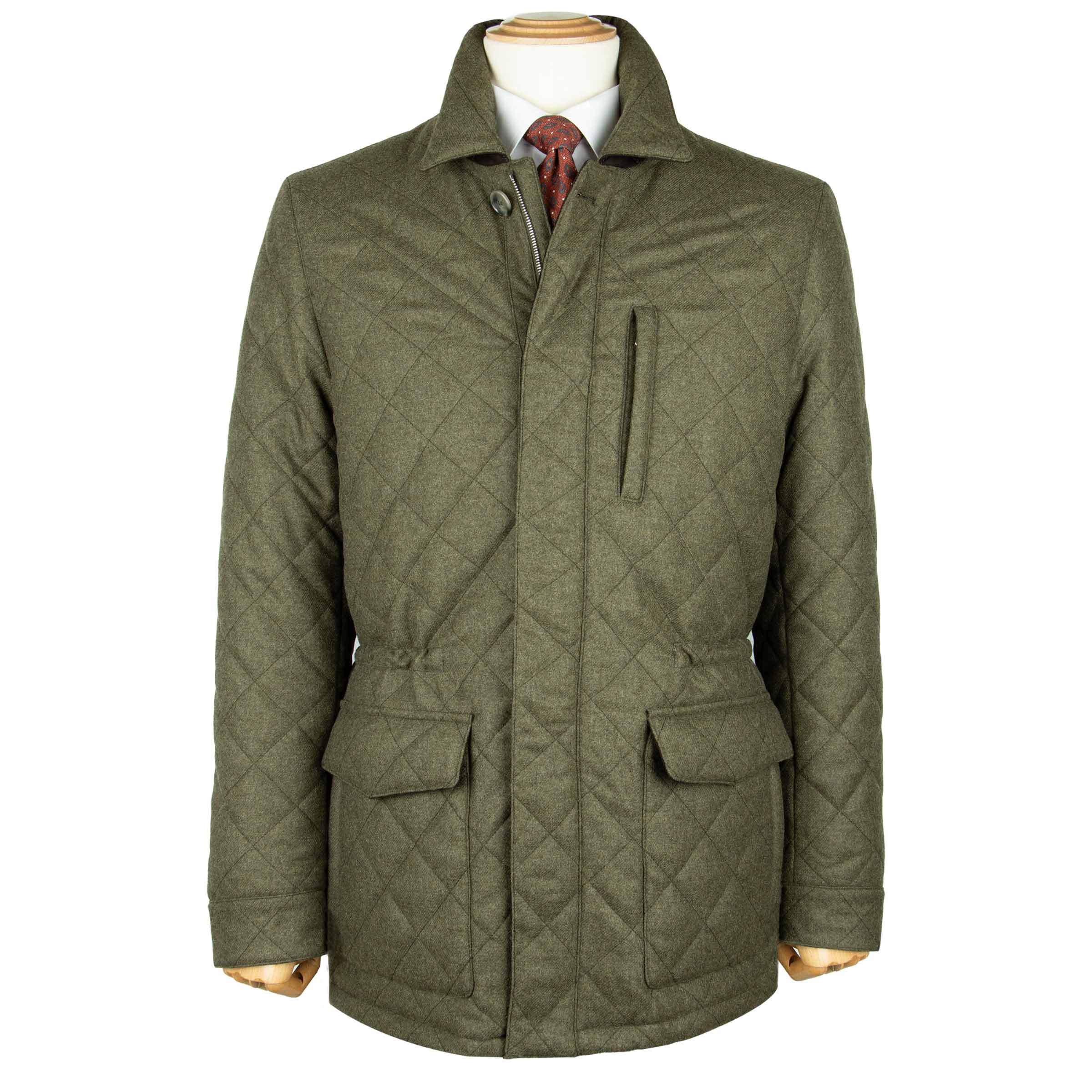 Robert Old - Dorset Green Diamond Quilt Overcoat Crafted with a Loro Piana Rain System Wool & Cashmere Fabric