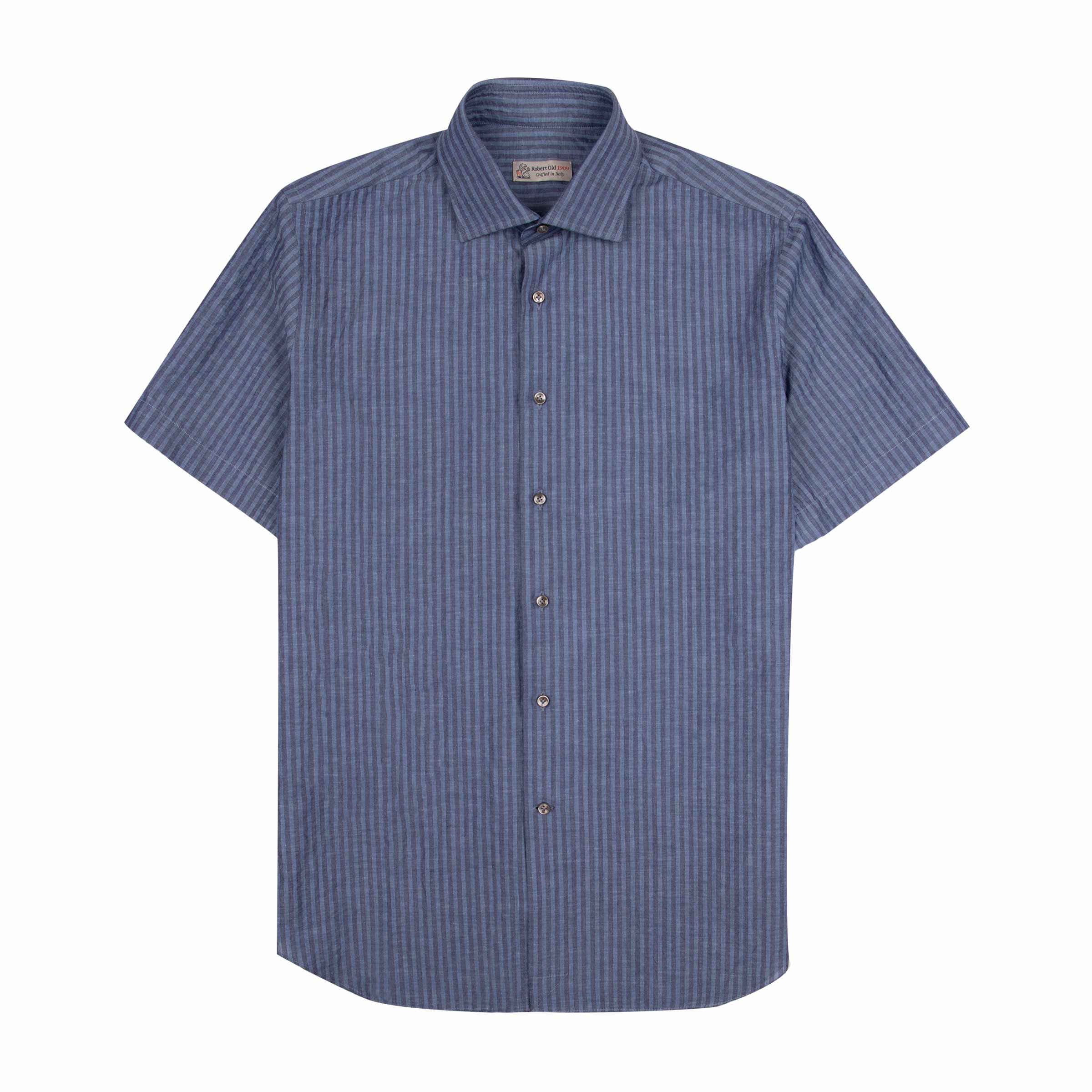 Robert Old - Navy Striped Seersucker Italian Cotton & Linen Shirt Robert Old & Co Robert Old - Navy Striped Seersucker Italian Cotton & Linen Shirt Robert Old & Co