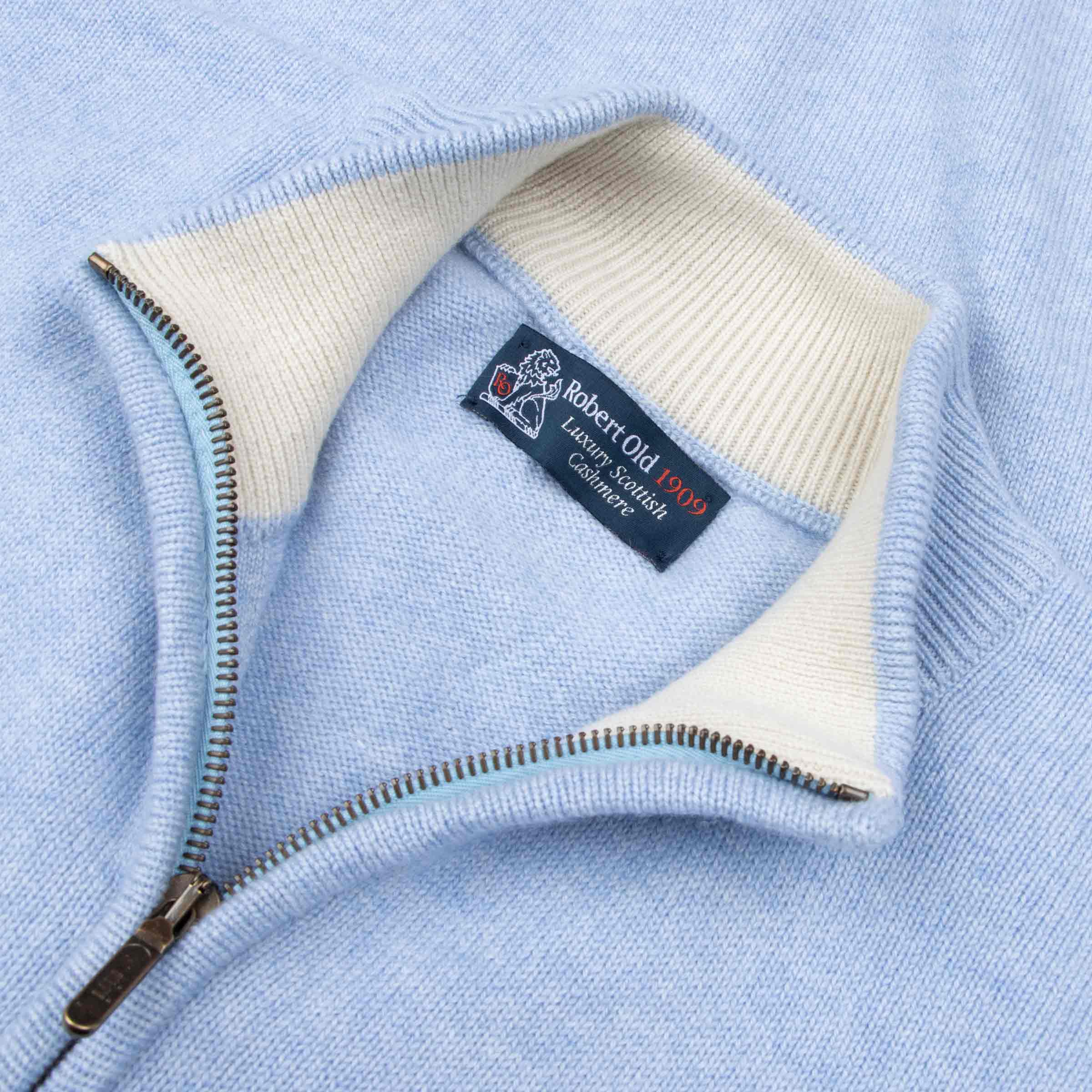 Robert Old - The Barra 4ply Full Zip Cashmere Cardigan - Atollo Blue / White Undyed CASHMERE Robert Old