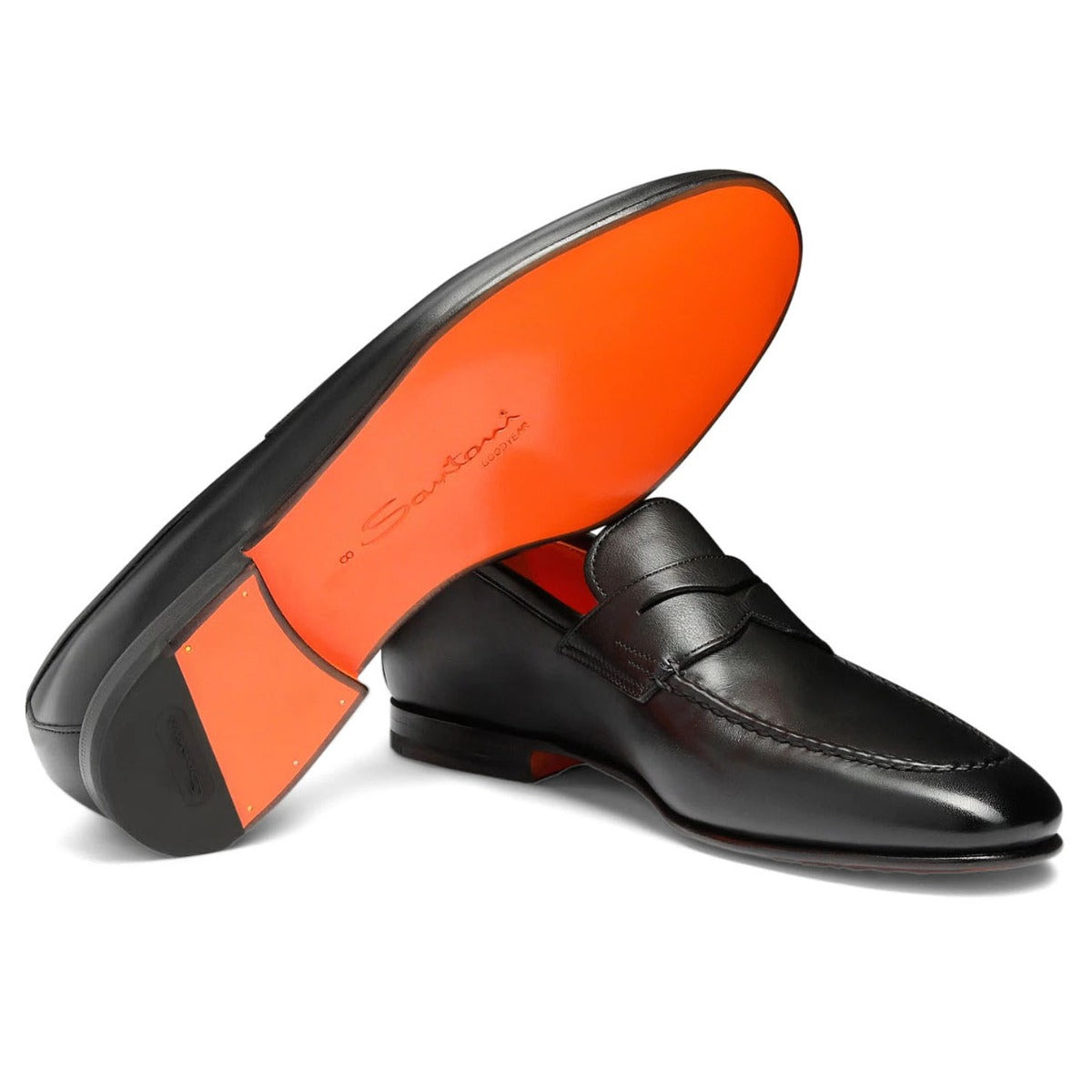 Santoni - Black Polished Leather Penny Loafer SHOES Santoni