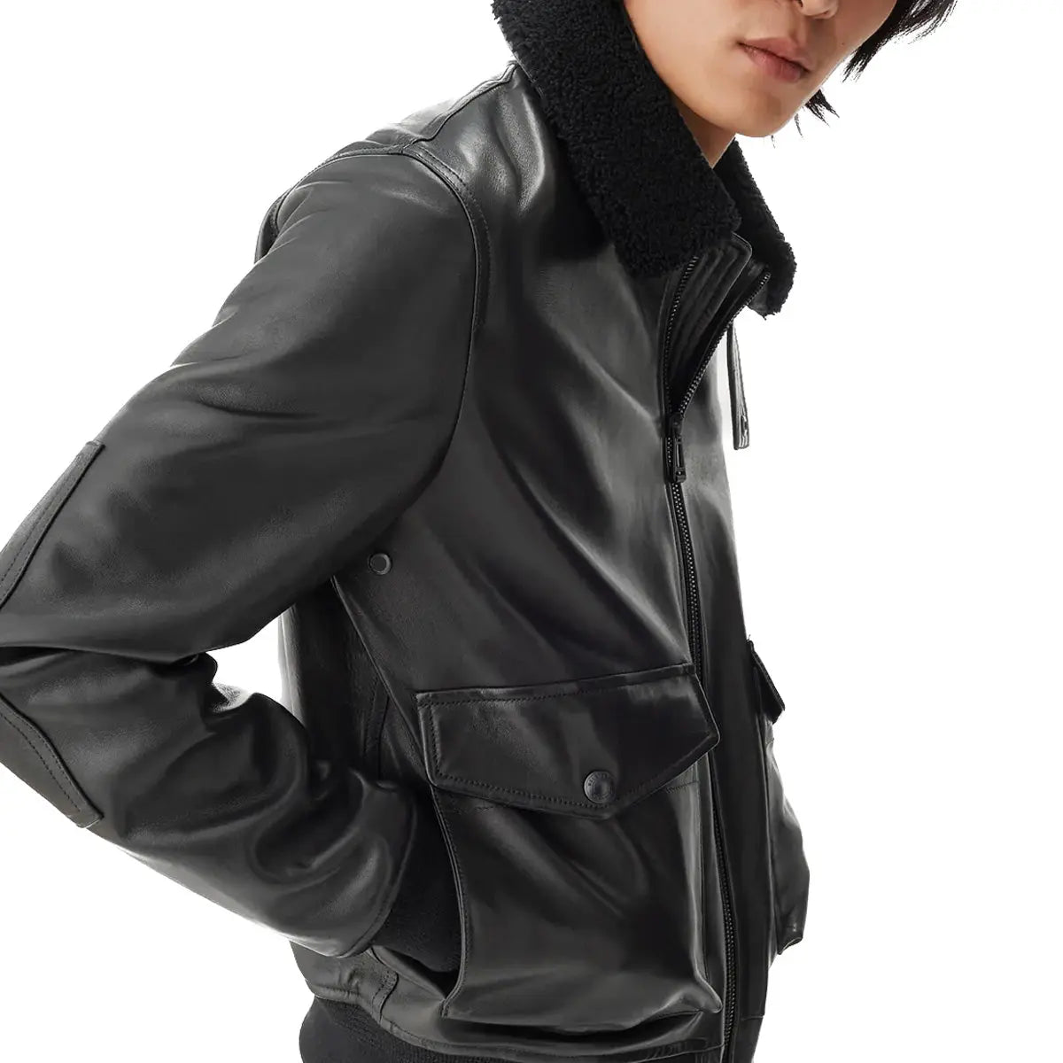 Black Chart Nappa Leather Flight Jacket