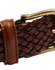 Crockett & Jones - Dark Brown Woven Calf Leather Belt with Antique Brass Buckle BELTS/BRACES Crockett & Jones