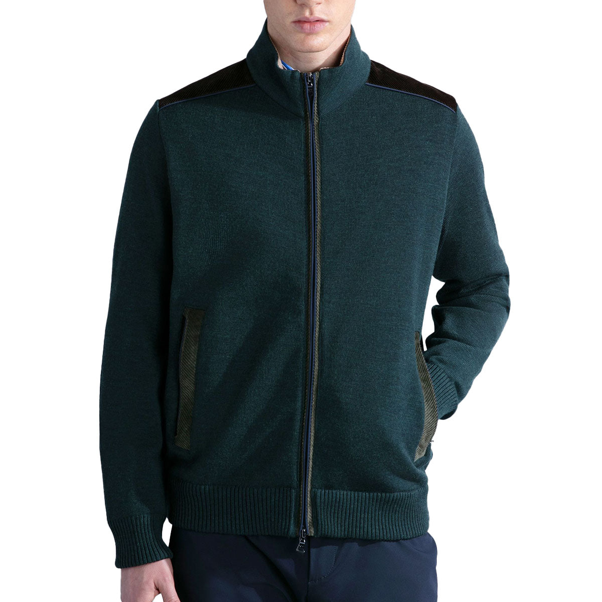 Green Wool Full Zip Velvet Detail Sweater