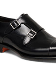 Santoni - Black Double-Buckle Leather Shoes SHOES Santoni