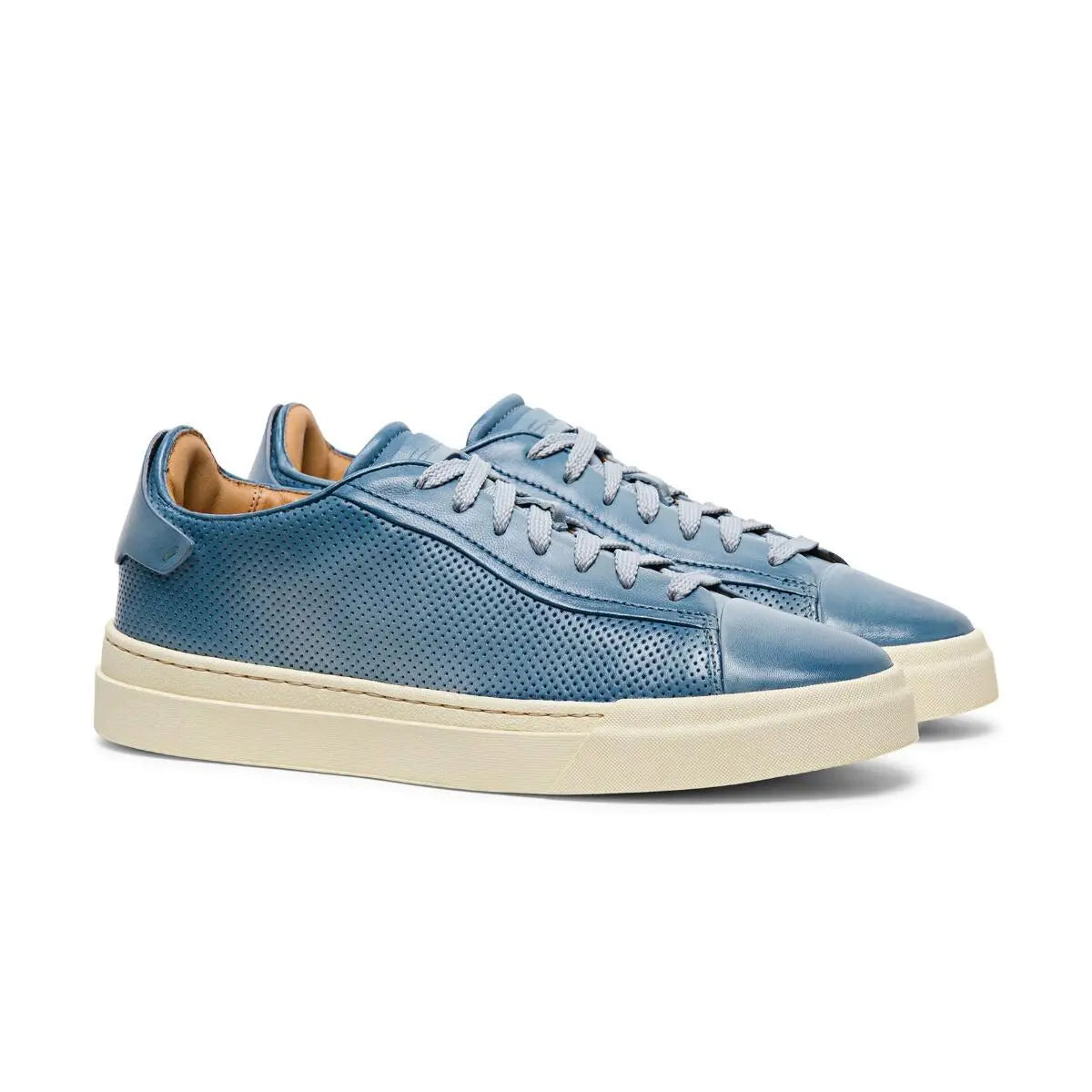 Santoni Light Blue Distressed Perforated Effect Leather Sneaker Robert Old Co