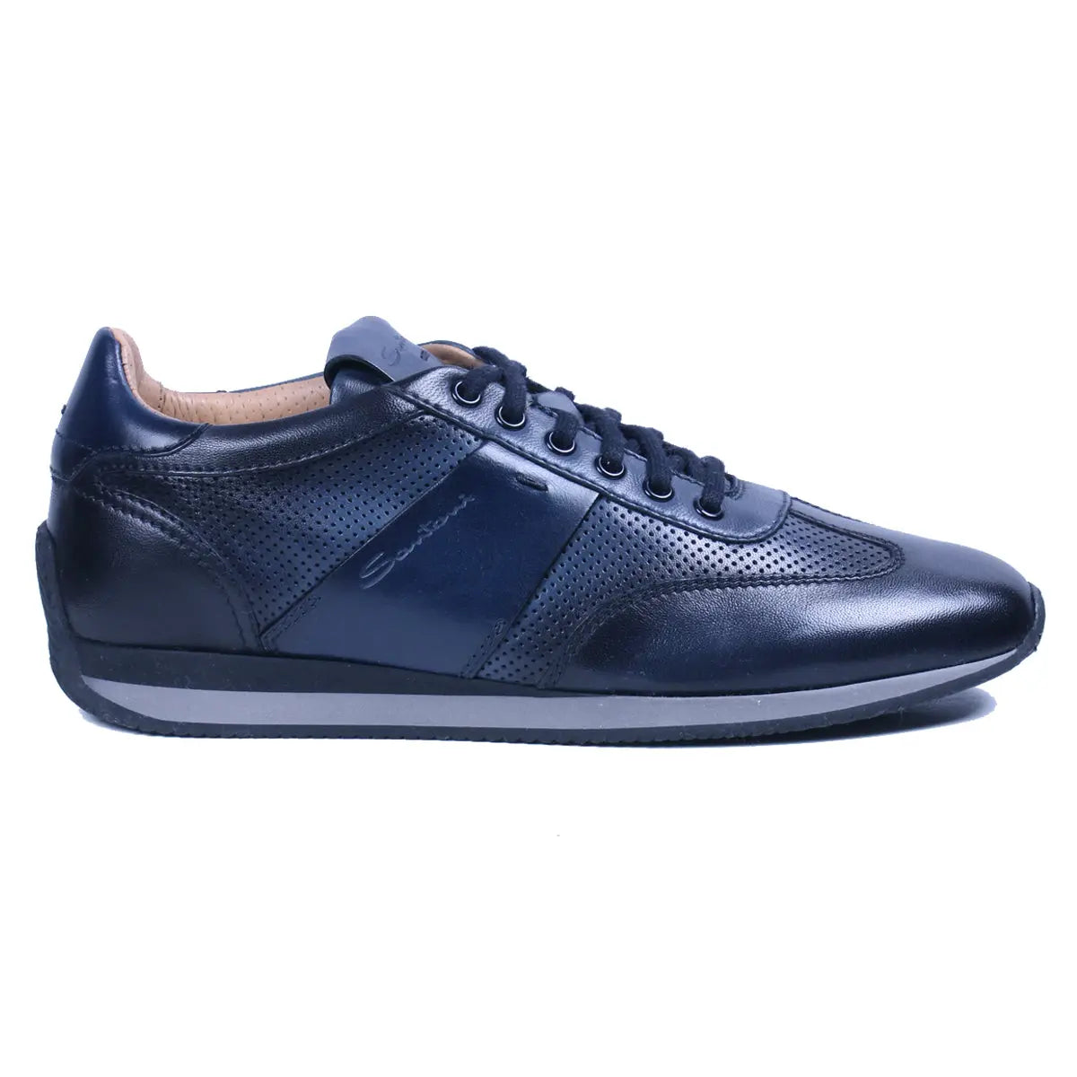 Santoni Navy Blue Lace Up Leather Sneaker Robert Old Co