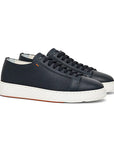 Santoni - Navy Blue Leather Low-Top Sneakers SHOES Santoni