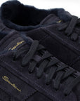 Santoni - Navy Fur-Lined Suede Double Buckle Sneaker SHOES Santoni