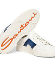 Santoni - White and Blue Leather Double Buckle Sneaker SHOES Santoni