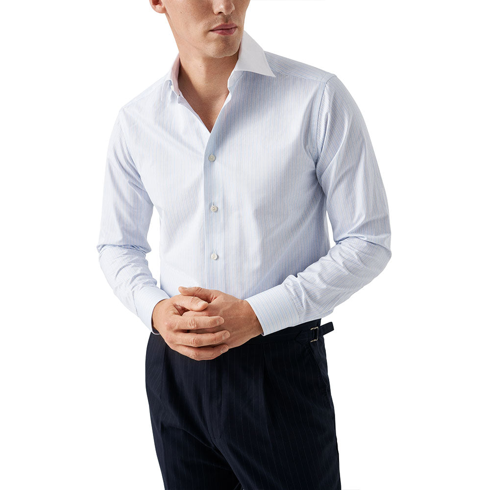 Eton - Light Blue Striped Contrast Collar Signature Twill Shirt L/S SHIRTS Eton
