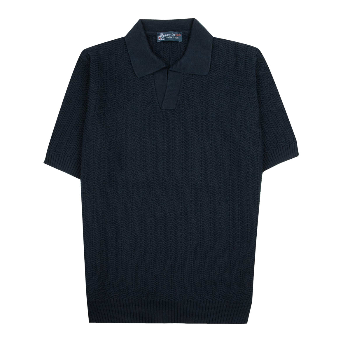 Navy Cotton Structured Knitted Polo Shirt S/S POLOS Robert Old