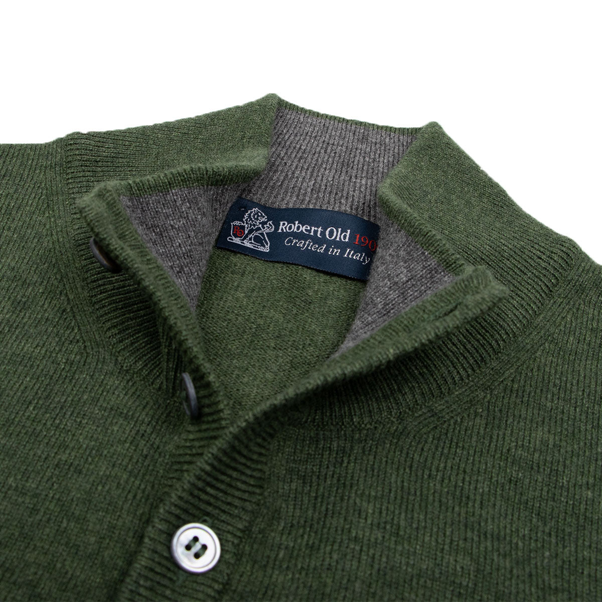 Moss Green Button Neck Wool & Cashmere Sweater KNITWEAR Robert Old
