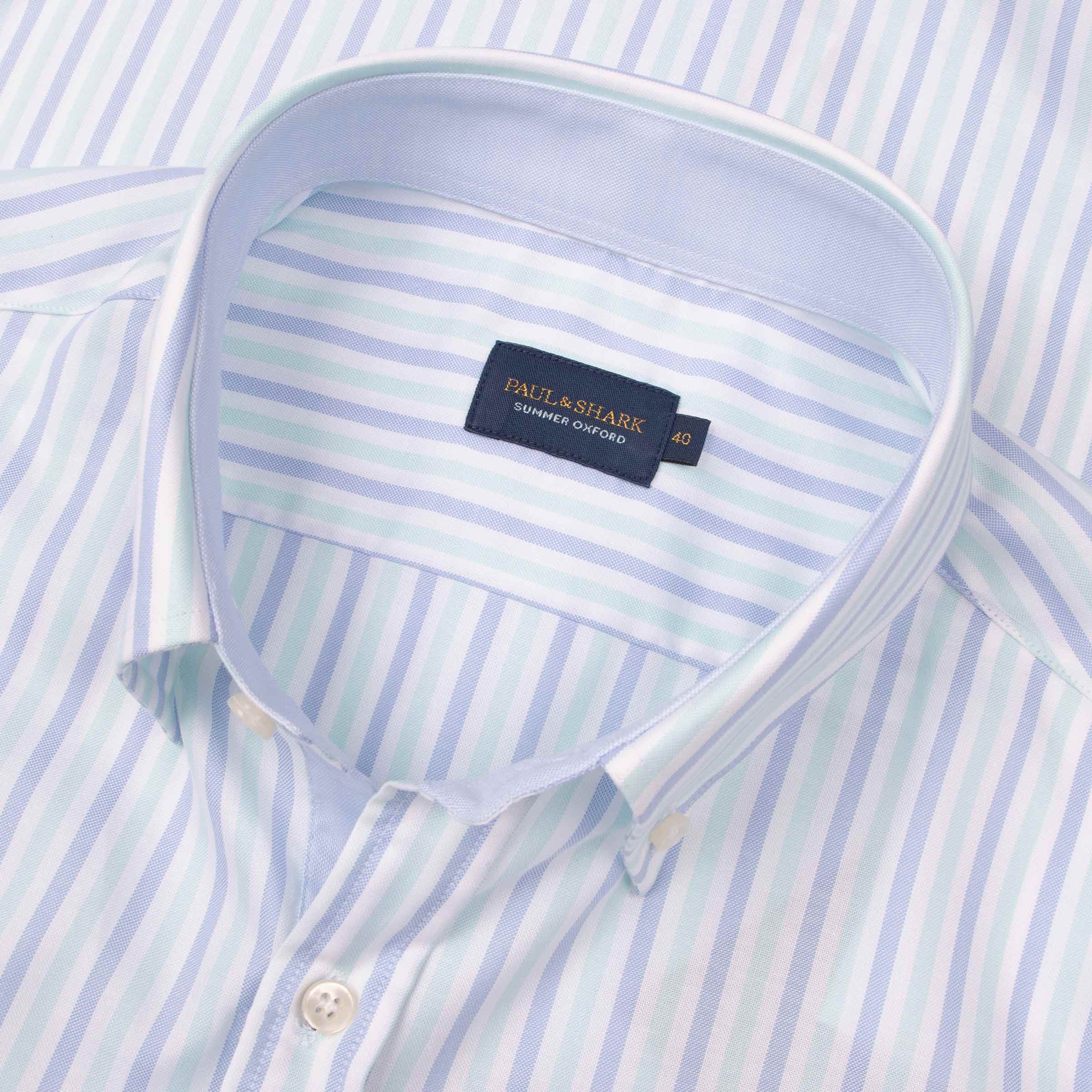 Paul & Shark - Mint and Blue Striped Oxford Cotton Short Sleeve Shirt S/S SHIRTS Paul & Shark