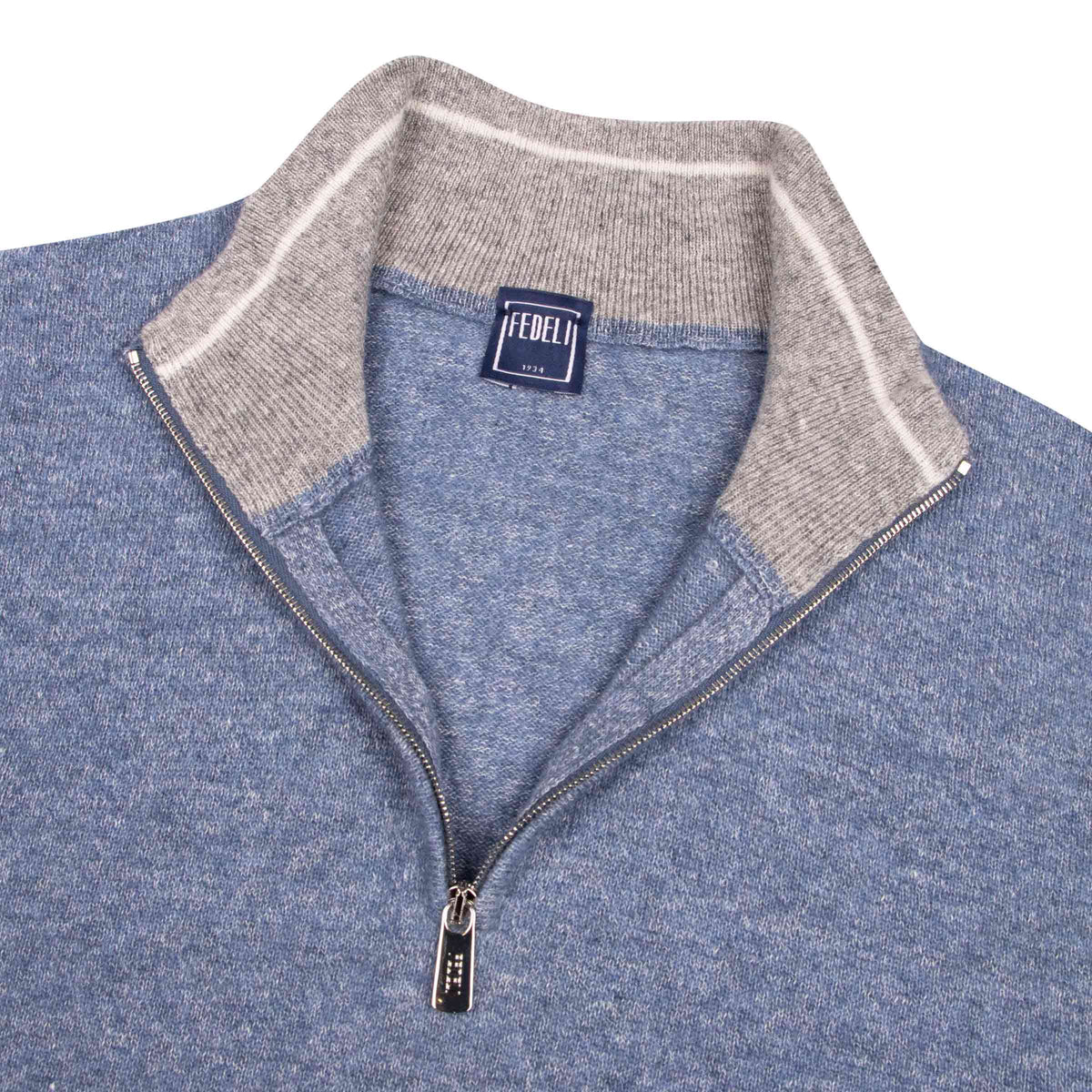 Fedeli - Blue Marl Cashmere and Linen Zip Neck Sweater KNITWEAR Fedeli