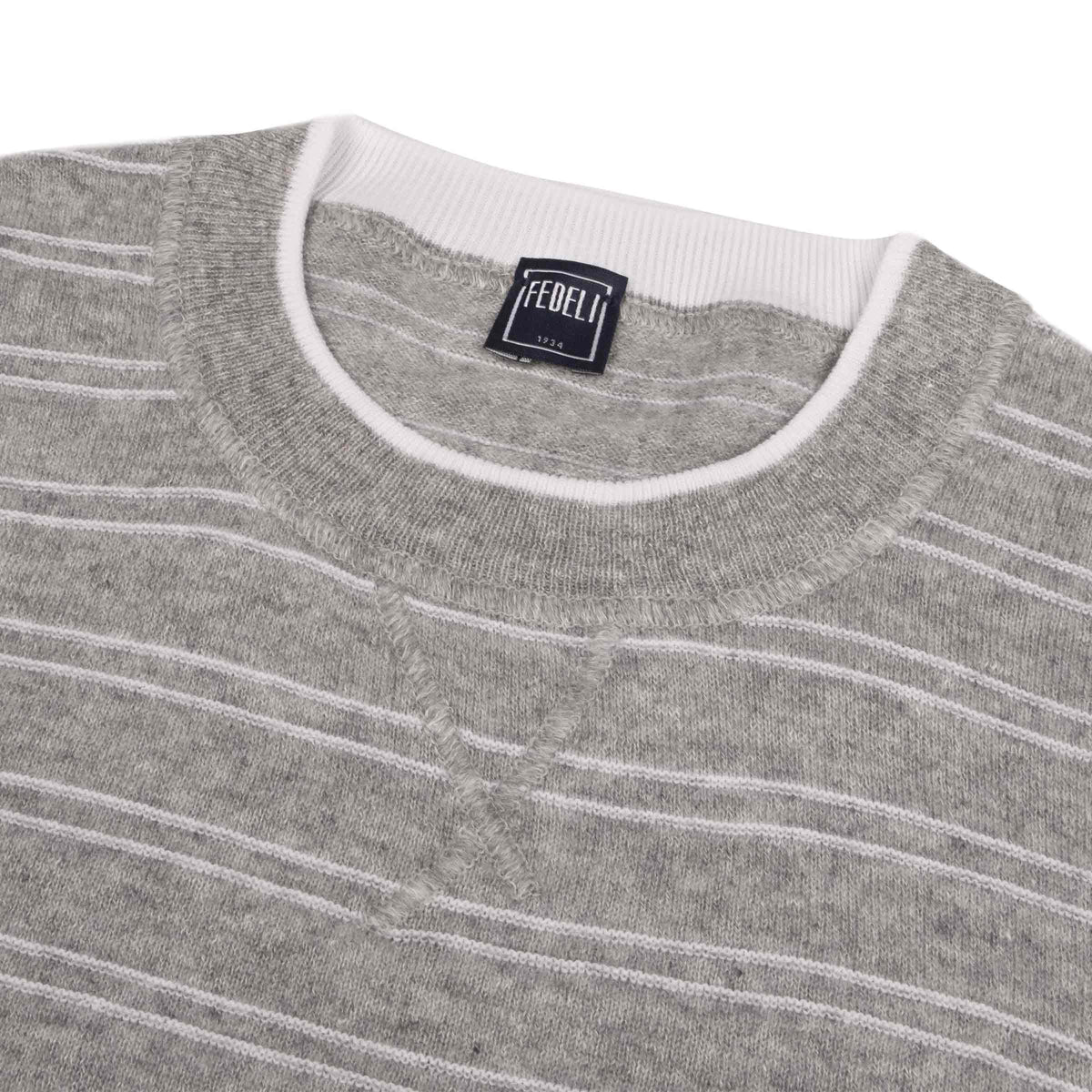Fedeli - Grey & White Striped Cashmere & Linen Crew Neck Sweater KNITWEAR Fedeli