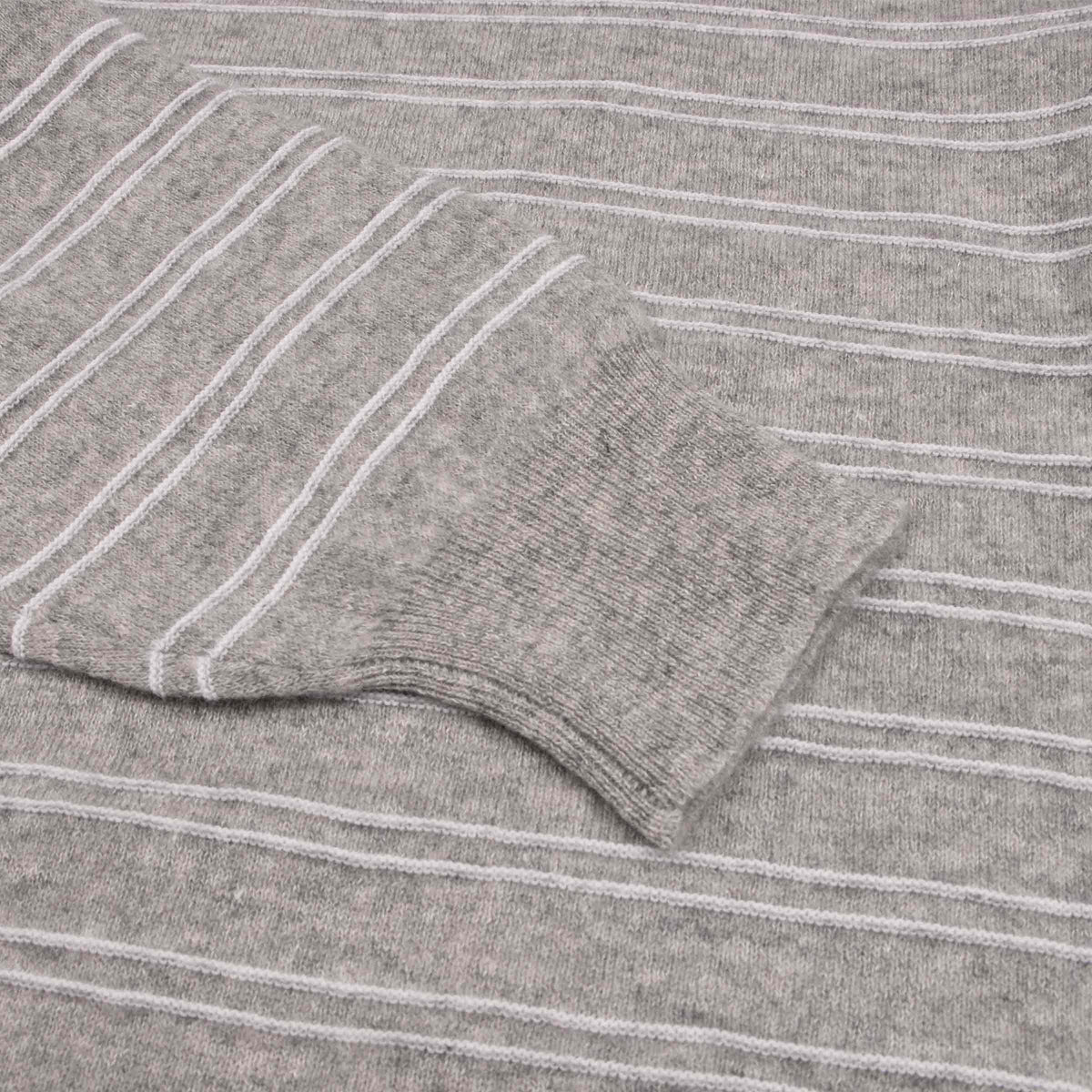 Fedeli - Grey & White Striped Cashmere & Linen Crew Neck Sweater KNITWEAR Fedeli