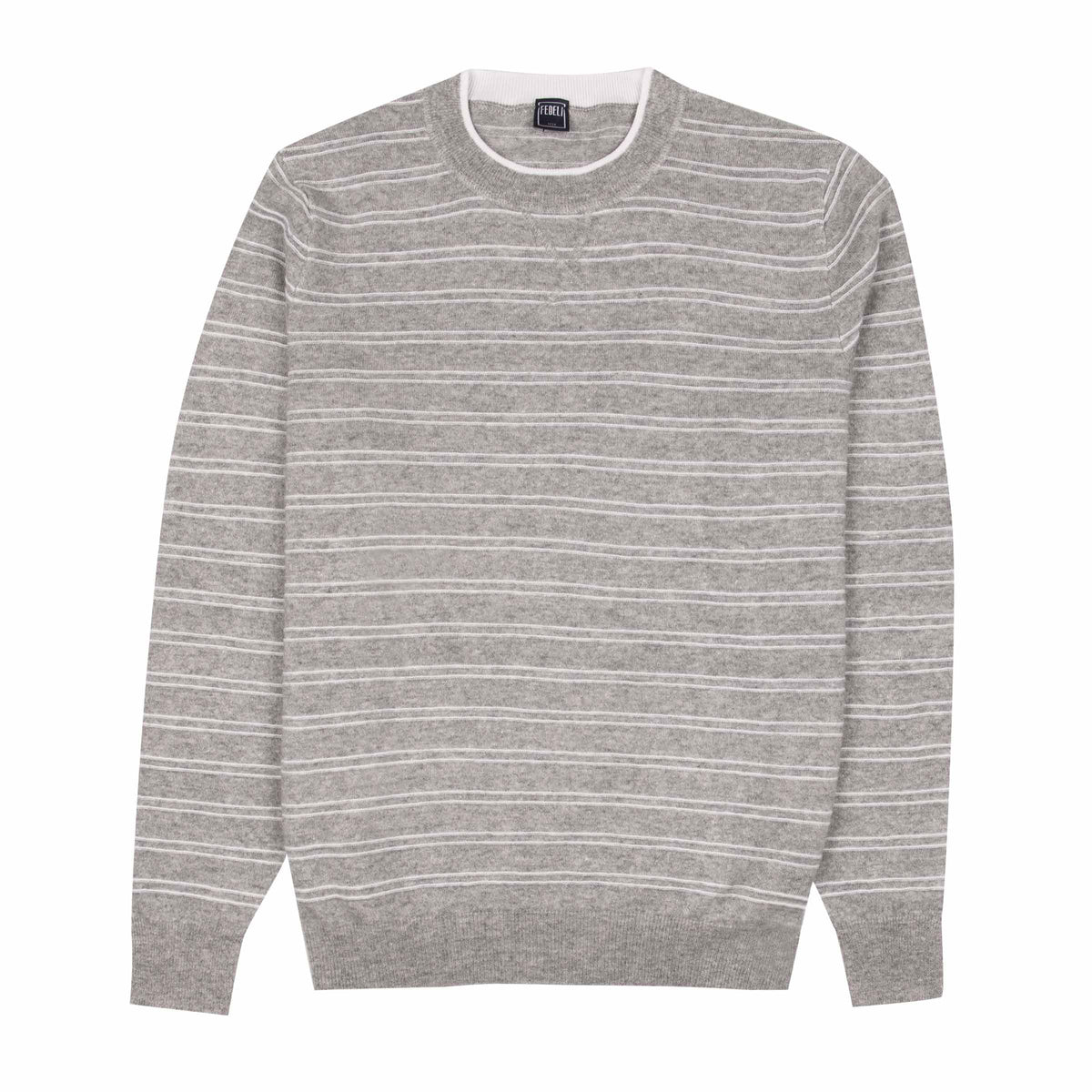 Fedeli - Grey & White Striped Cashmere & Linen Crew Neck Sweater KNITWEAR Fedeli