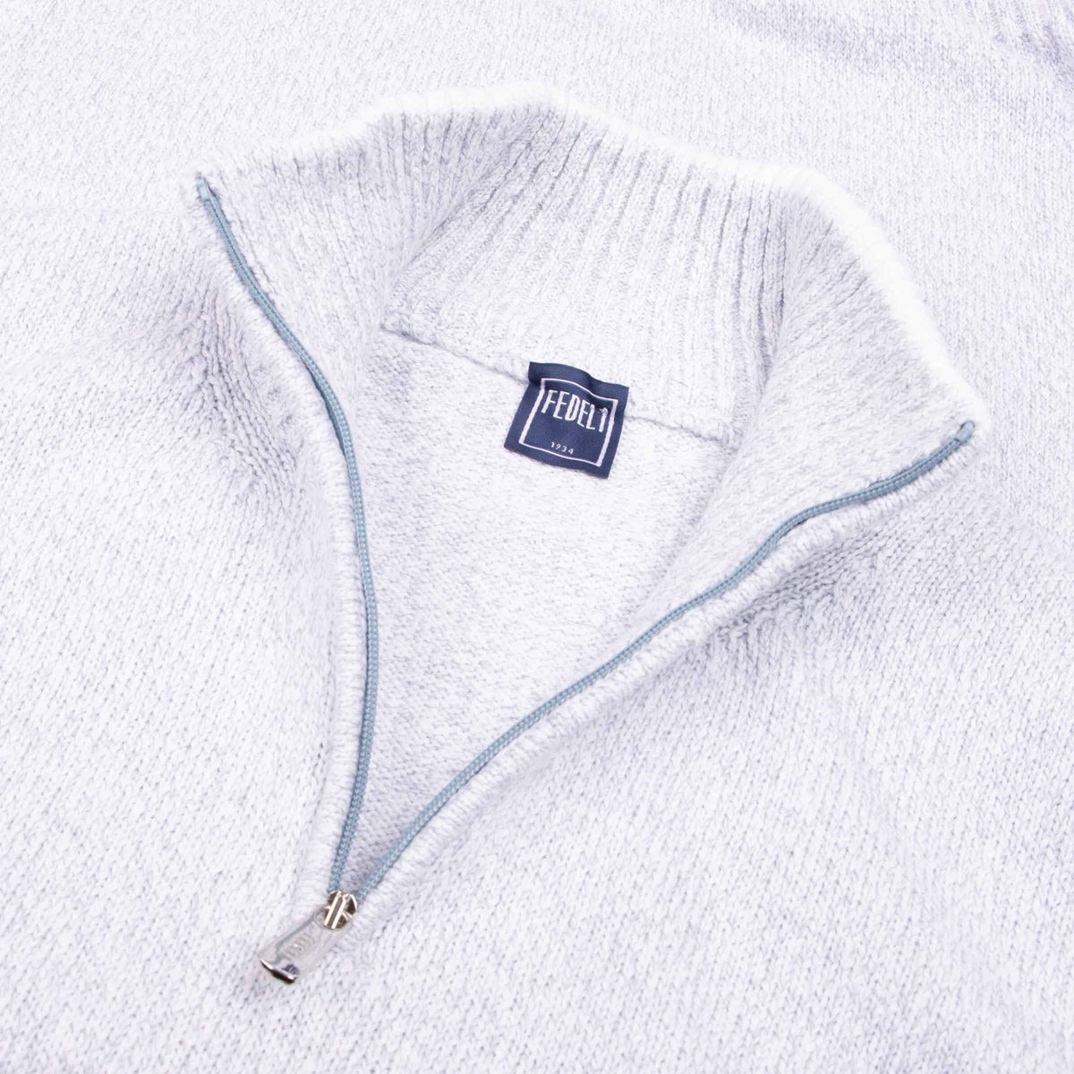 Fedeli - Light Blue Marl Zip Neck Cotton Sweater KNITWEAR Fedeli
