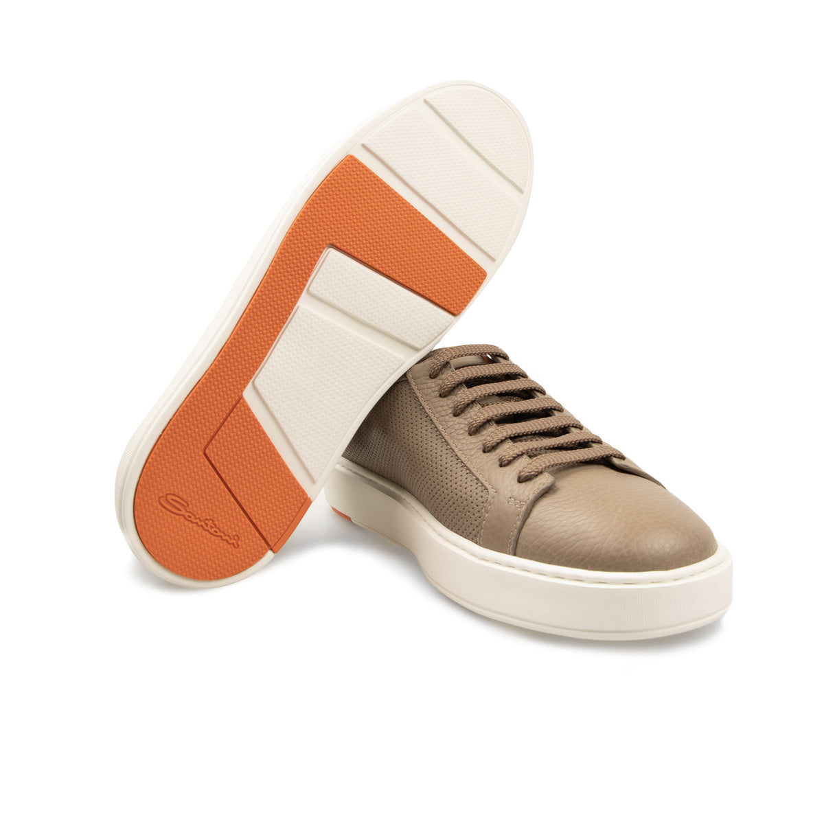 Santoni - Stone Beige Tumbled Leather Low-Top Sneaker SHOES Santoni