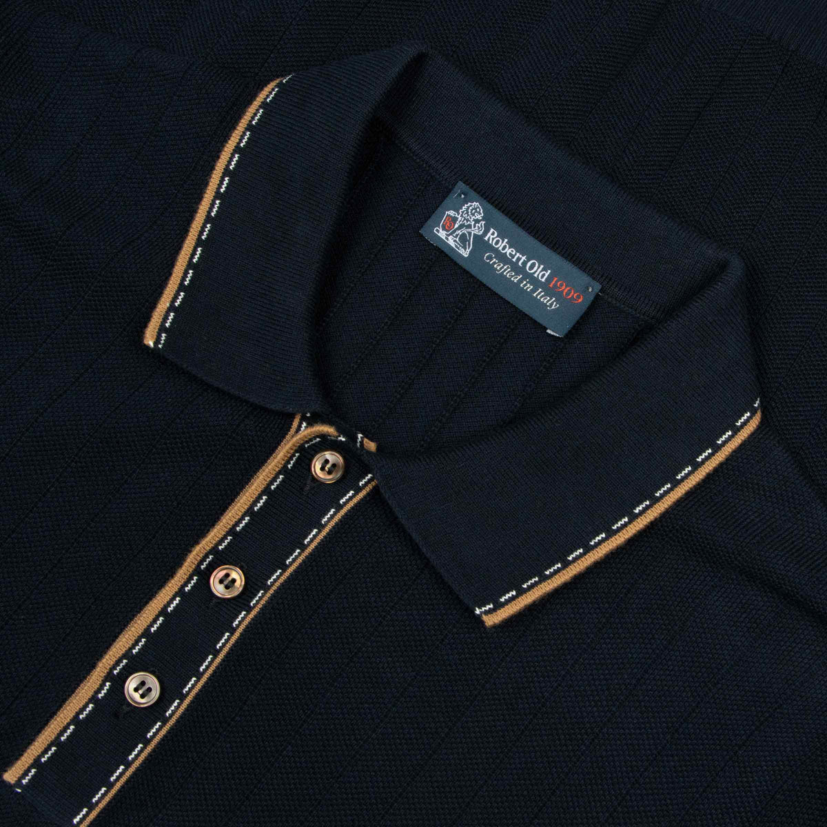 Navy Accented Ribbed Cotton Polo Shirt S/S POLOS Robert Old