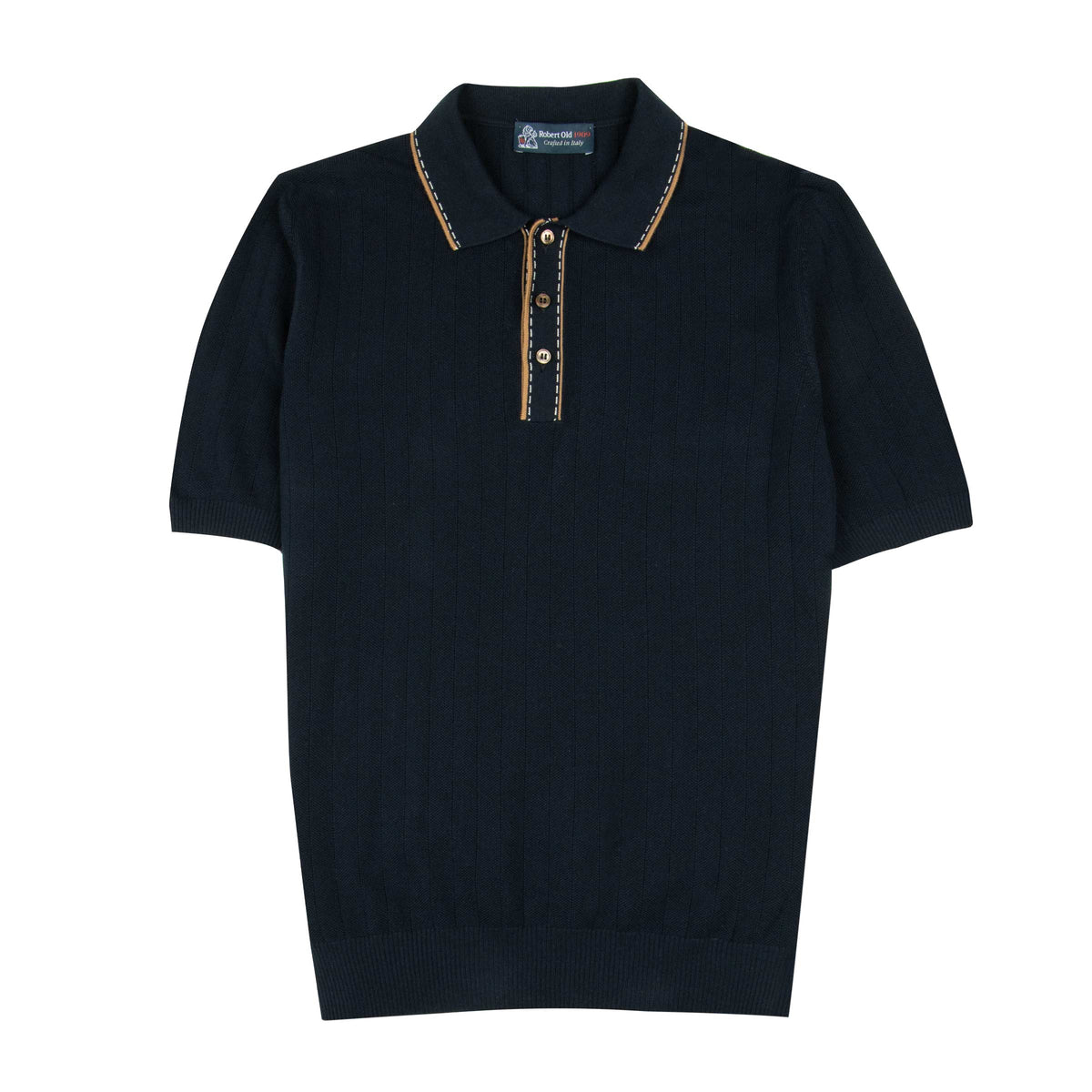 Navy Accented Ribbed Cotton Polo Shirt S/S POLOS Robert Old