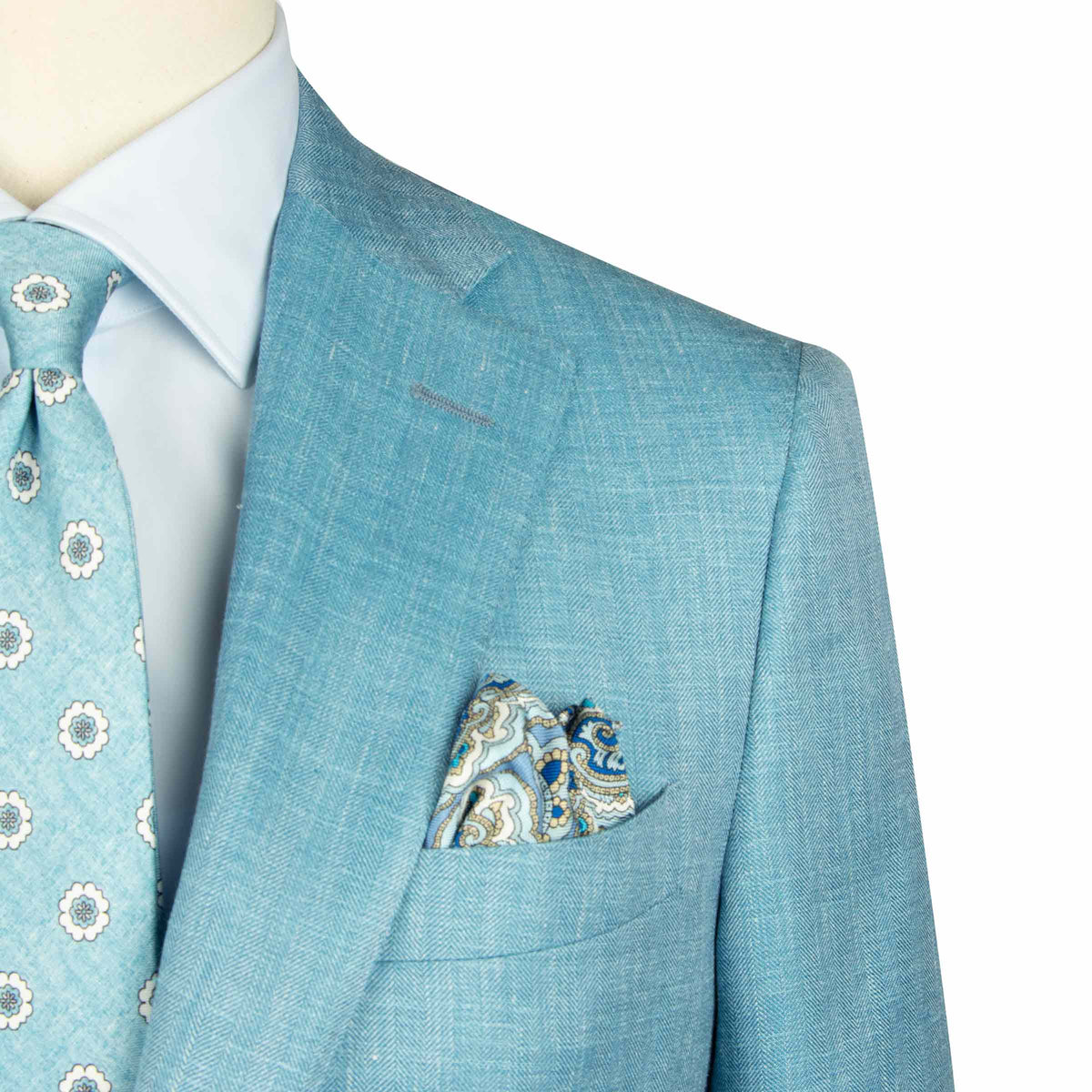 Turquoise Blue Wool, Silk, & Linen Herringbone Jacket JACKETS Robert Old