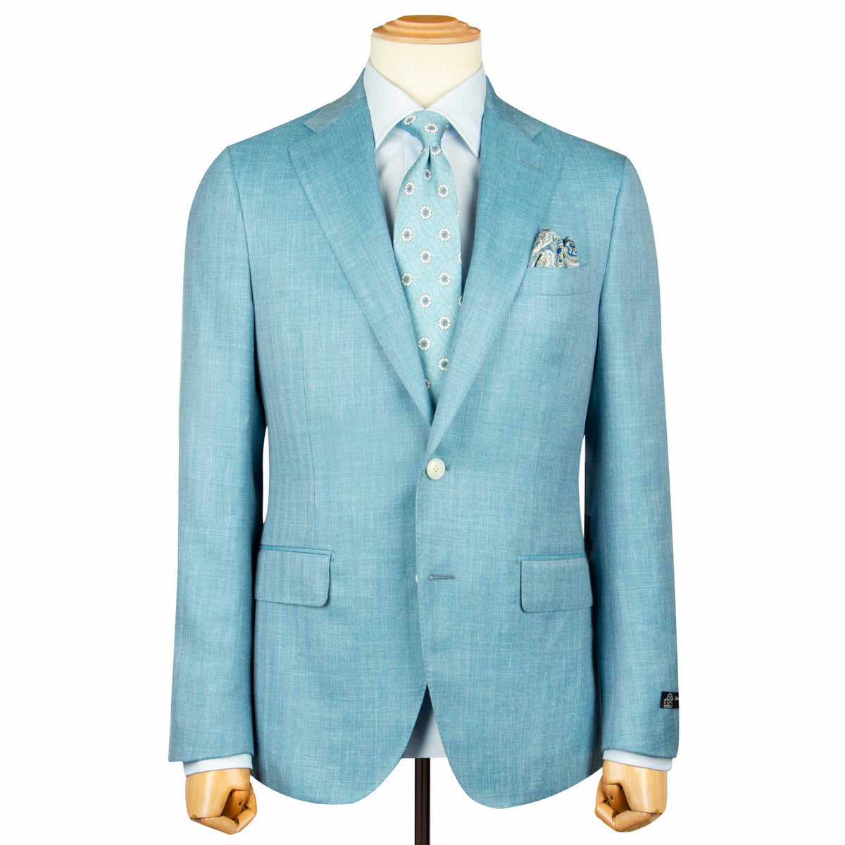 Turquoise Blue Wool, Silk, & Linen Herringbone Jacket JACKETS Robert Old
