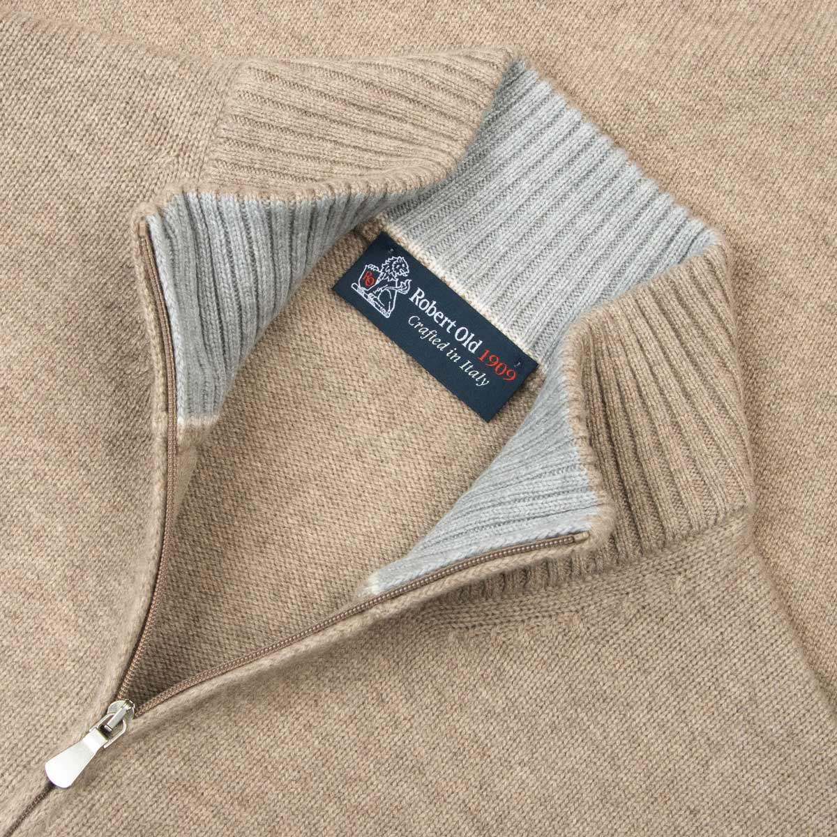 Robert Old - Beige Contrast Virgin Wool & Cashmere Zip Neck Sweater KNITWEAR Robert Old