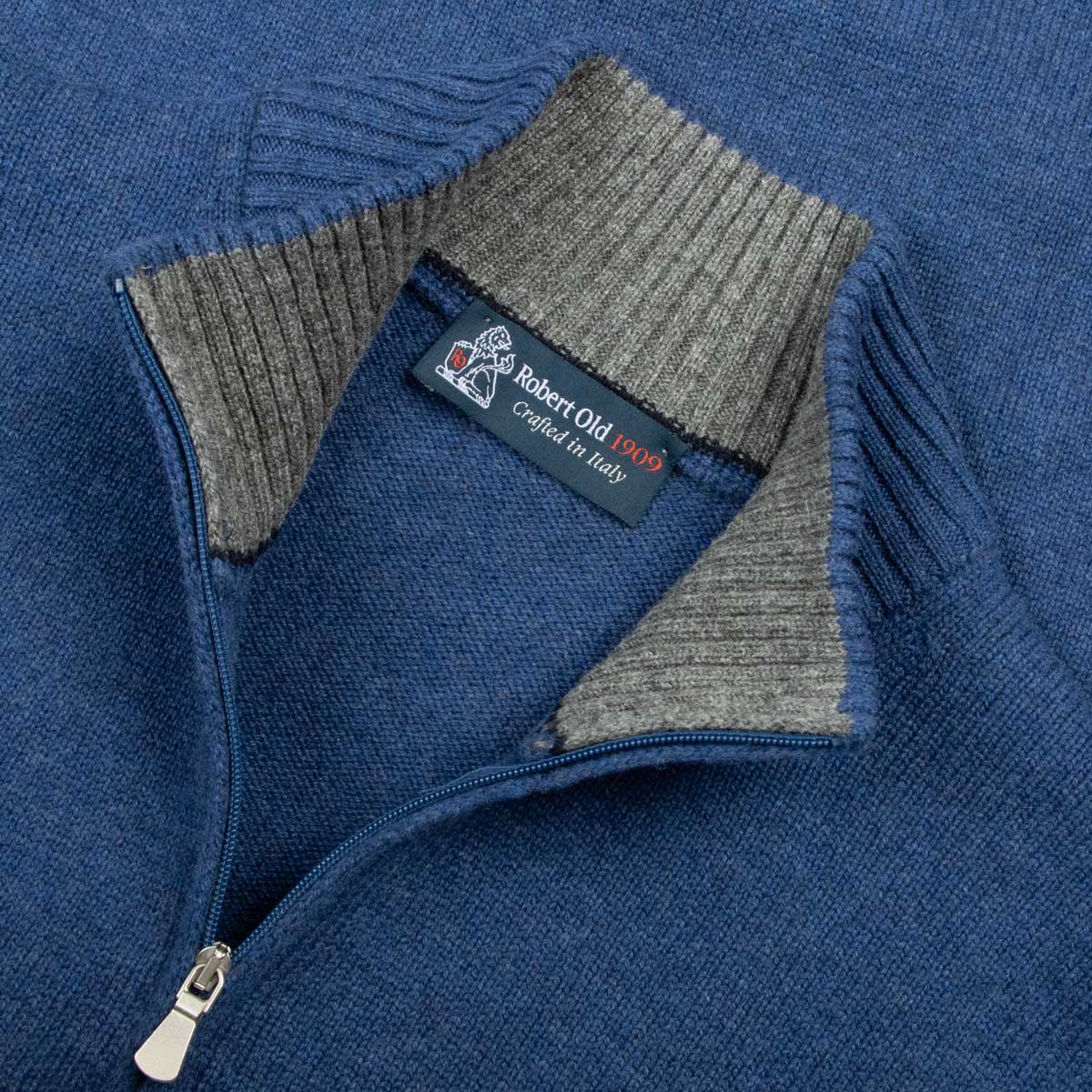 Robert Old - Royal Navy Contrast Virgin Wool & Cashmere Zip Neck Sweater KNITWEAR Robert Old