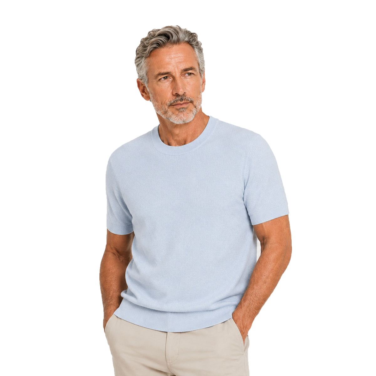 Baby Blue Knitted Boucle Cotton-Blend Crew Neck T-Shirt TEE SHIRTS Robert Old