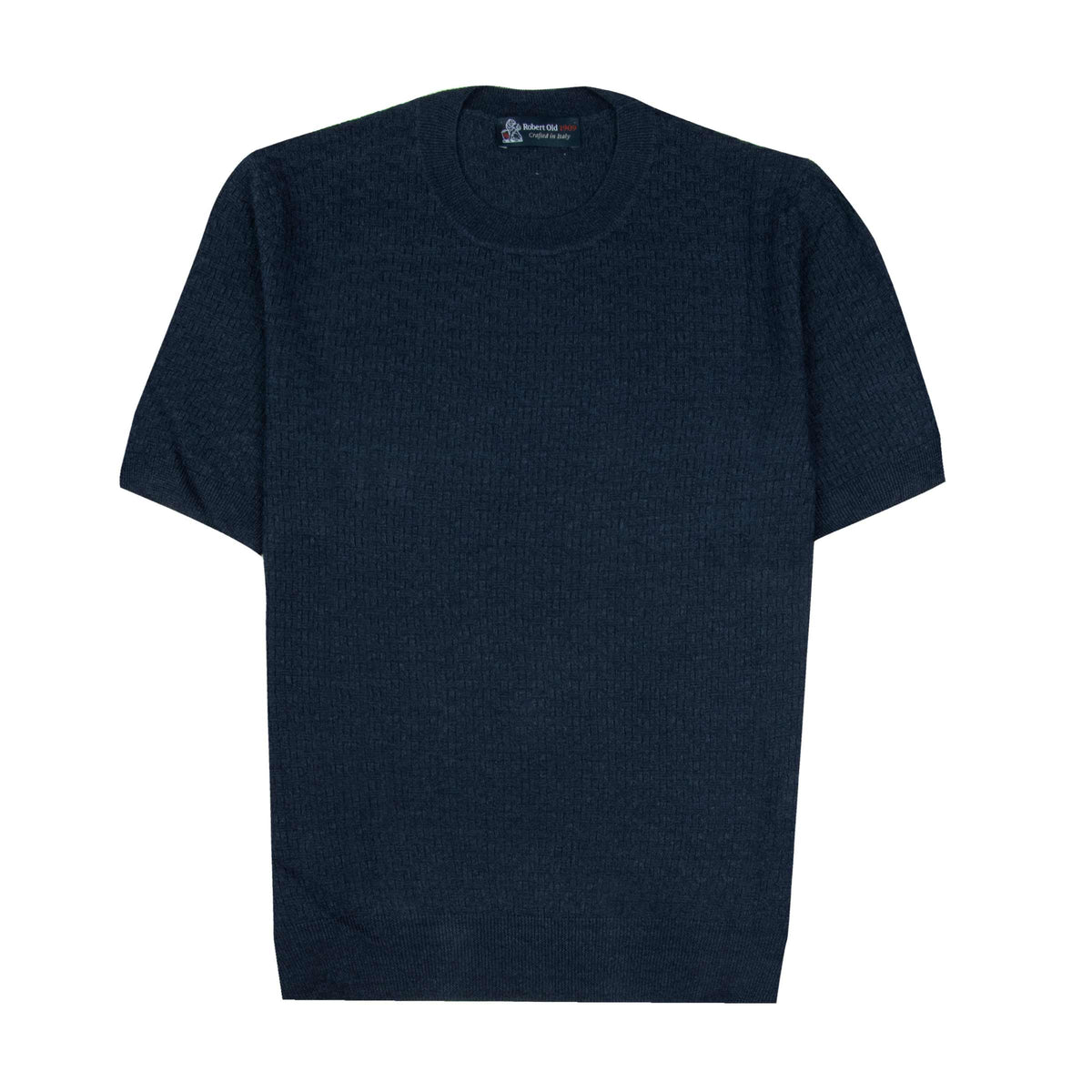 Navy Knitted Linen and Cotton Textured Crew Neck T-Shirt TEE SHIRTS Robert Old