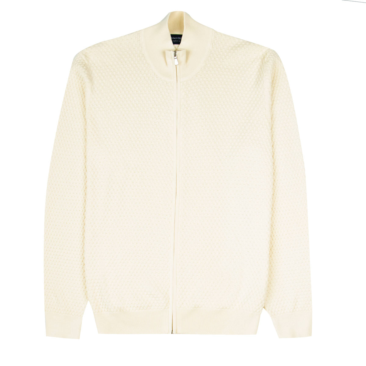 Cream Waffle Knit Full Zip Cardigan KNITWEAR Robert Old