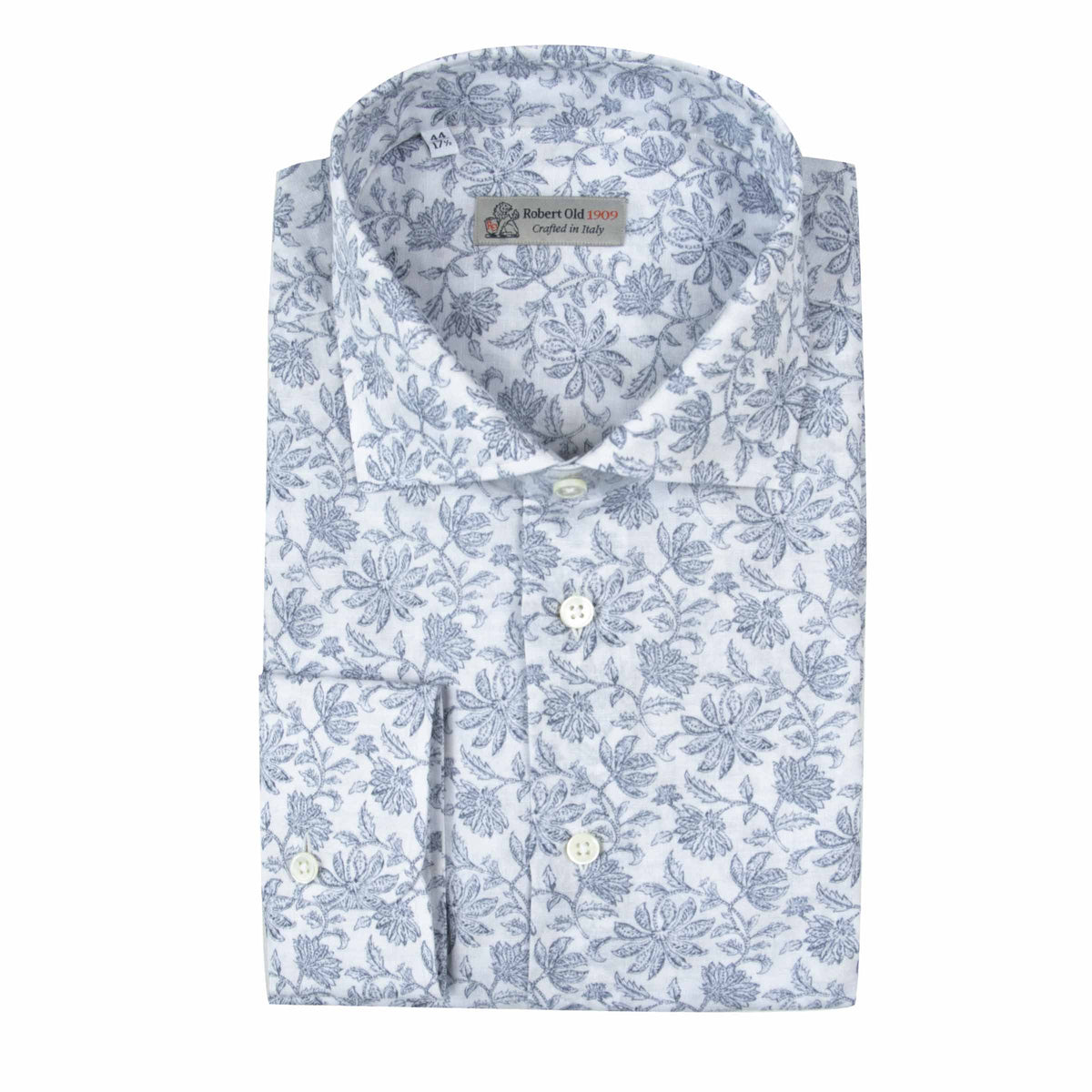 Navy Floral Italian Print Cotton & Linen Long Sleeve Shirt L/S SHIRTS Robert Old