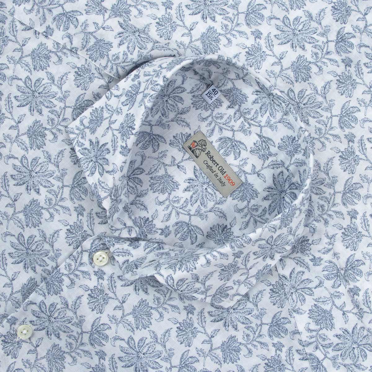 Robert Old - Navy Floral Italian Print Cotton & Linen Long Sleeve Shirt L/S SHIRTS Robert Old