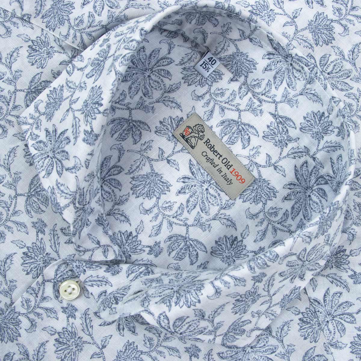 Robert Old - Navy Floral Italian Print Cotton &amp; Linen Long Sleeve Shirt L/S SHIRTS Robert Old
