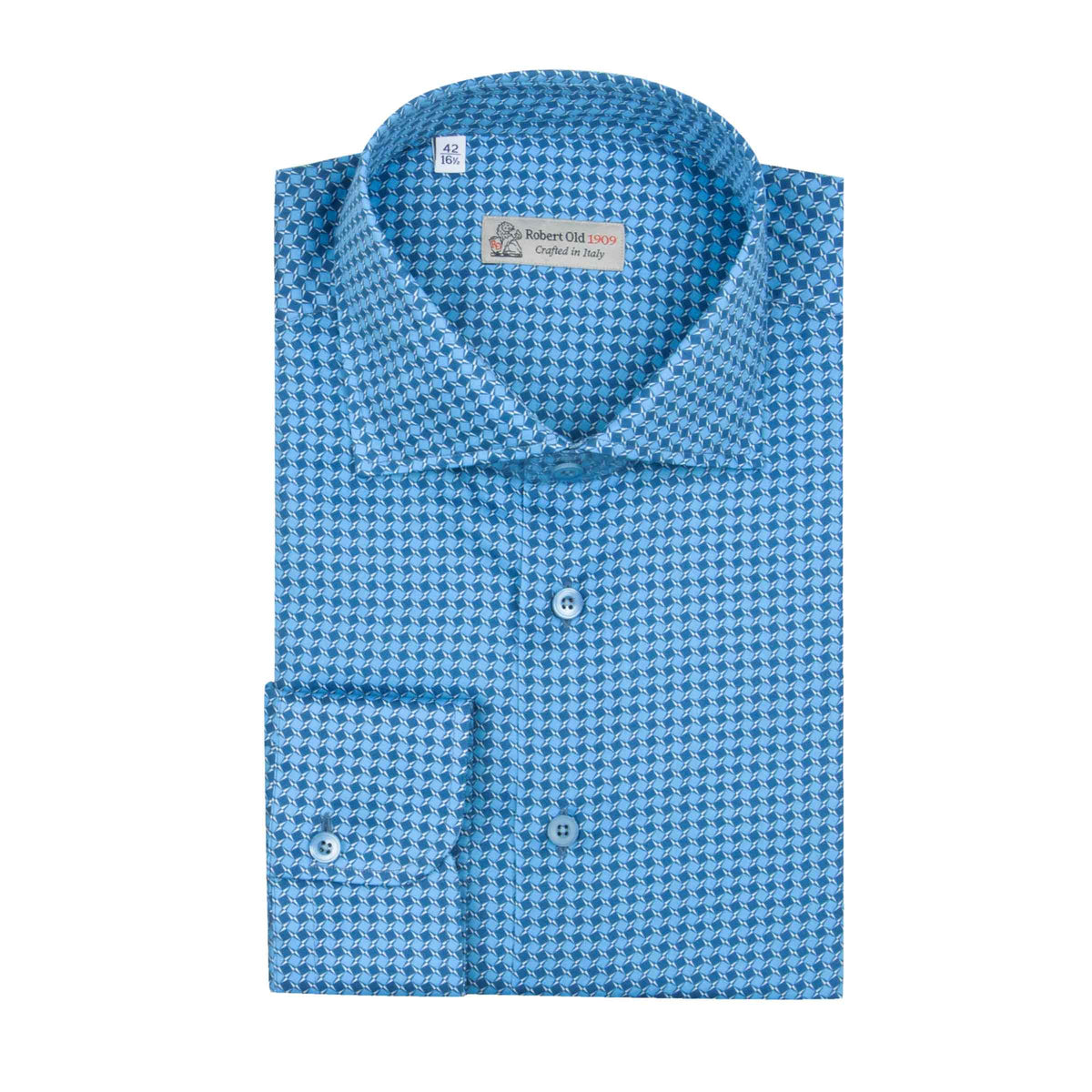 Blue Geometric Print Italian Cotton Long Sleeve Shirt L/S SHIRTS Robert Old