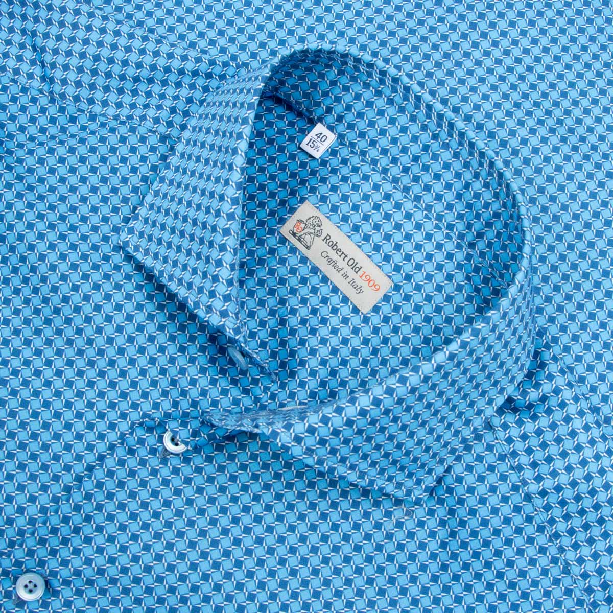 Robert Old - Blue Geometric Print Italian Cotton Long Sleeve Shirt L/S SHIRTS Robert Old