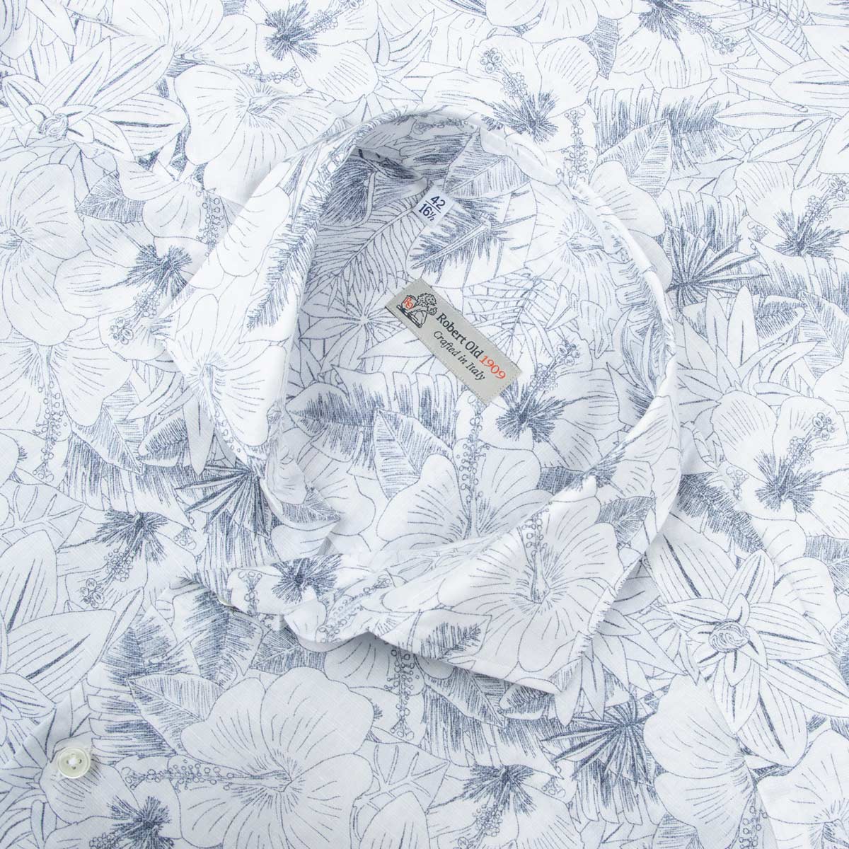 Robert Old - Blue Floral Italian Print Cotton &amp; Linen Short Sleeve Shirt S/S SHIRTS Robert Old