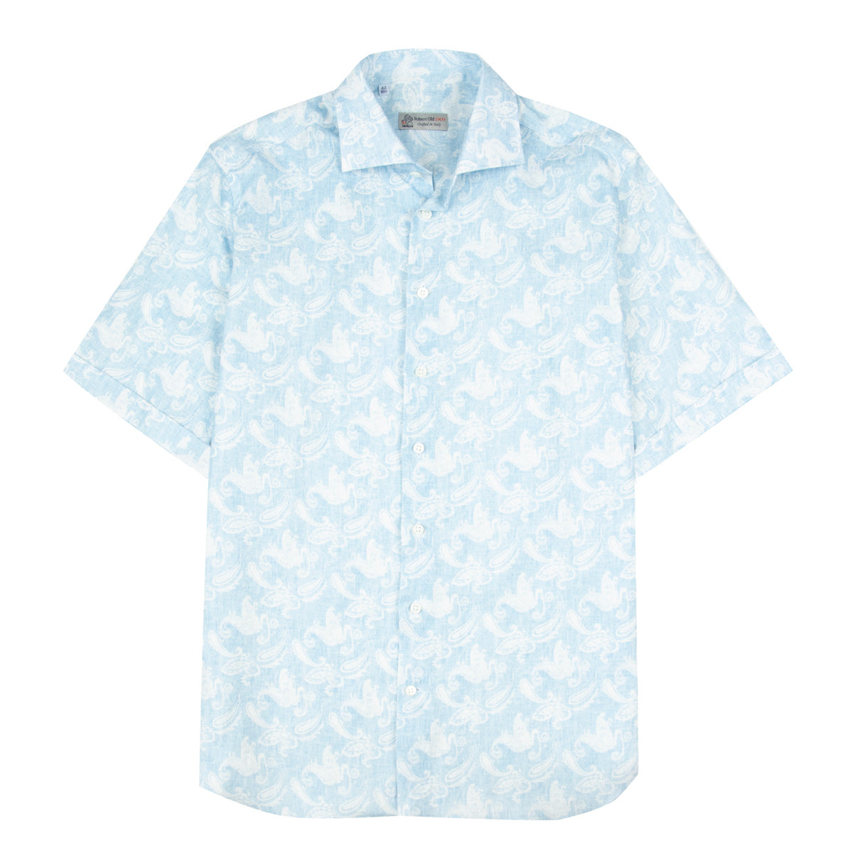 Robert Old - Light Blue Floral Print Cotton & Linen Italian Short Sleeve Shirt S/S SHIRTS Robert Old