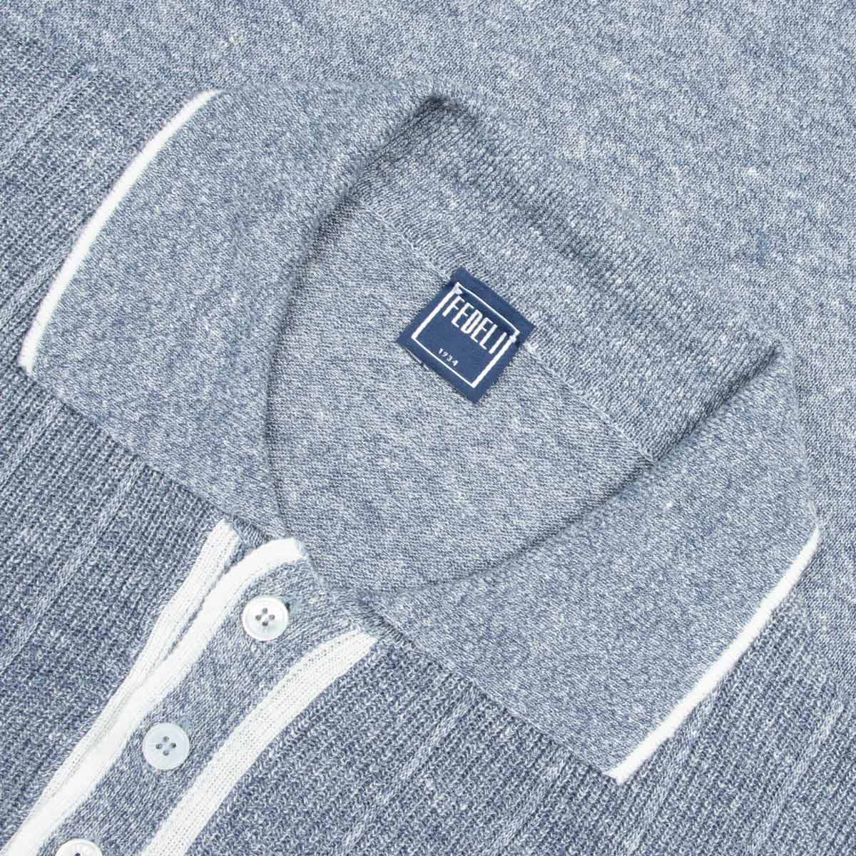 Fedeli - Denim Blue Dodo Cotton and Linen Ribbed Polo S/S POLOS FEDELI